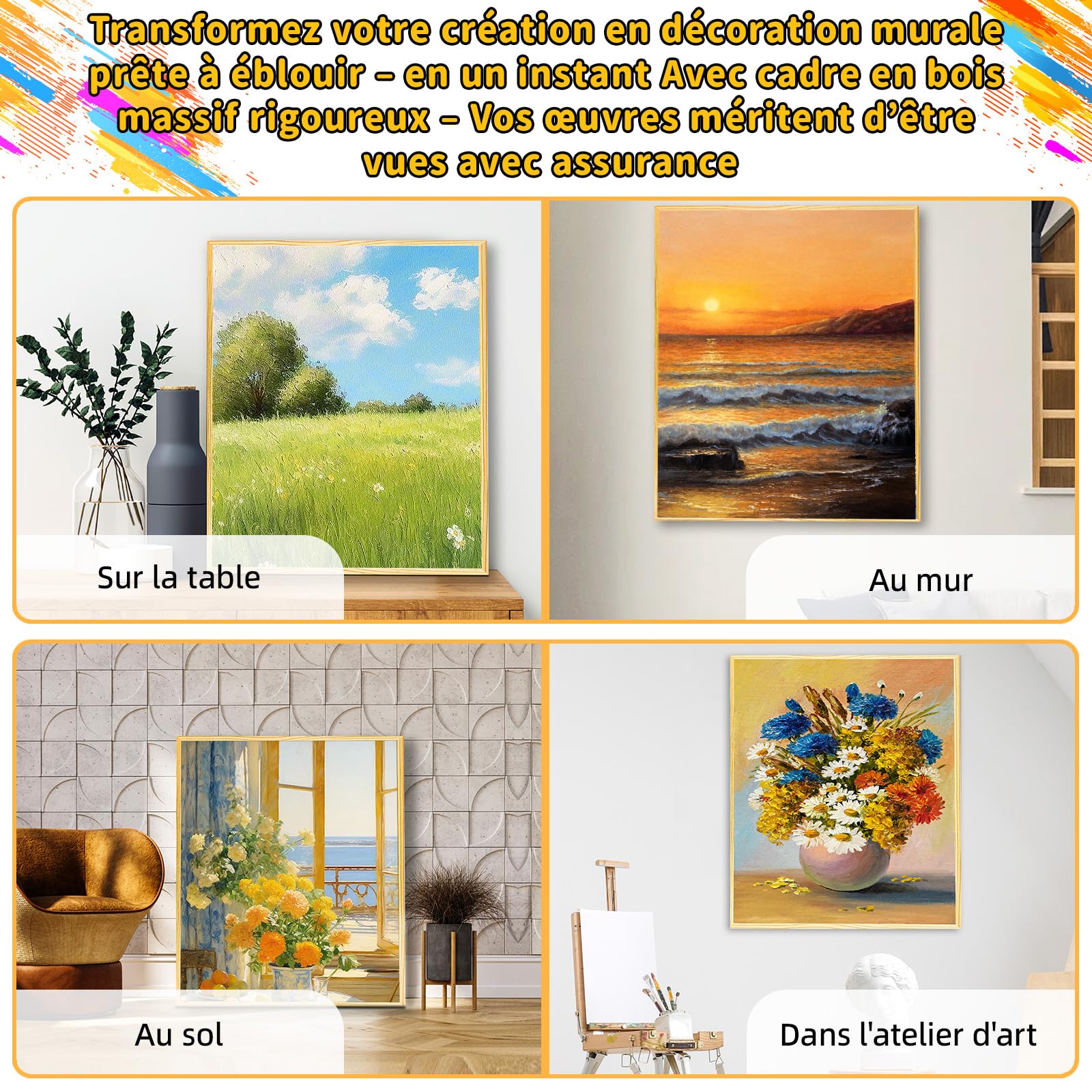 Lot de 4 Toiles Tendues 45x60 cm avec Cadres Flottants en Bois Naturel – Mélange Coton-Lin 400 g/m², Triple Apprêt Titane Sans Acide, Finition Galerie – Prêt à Accrocher