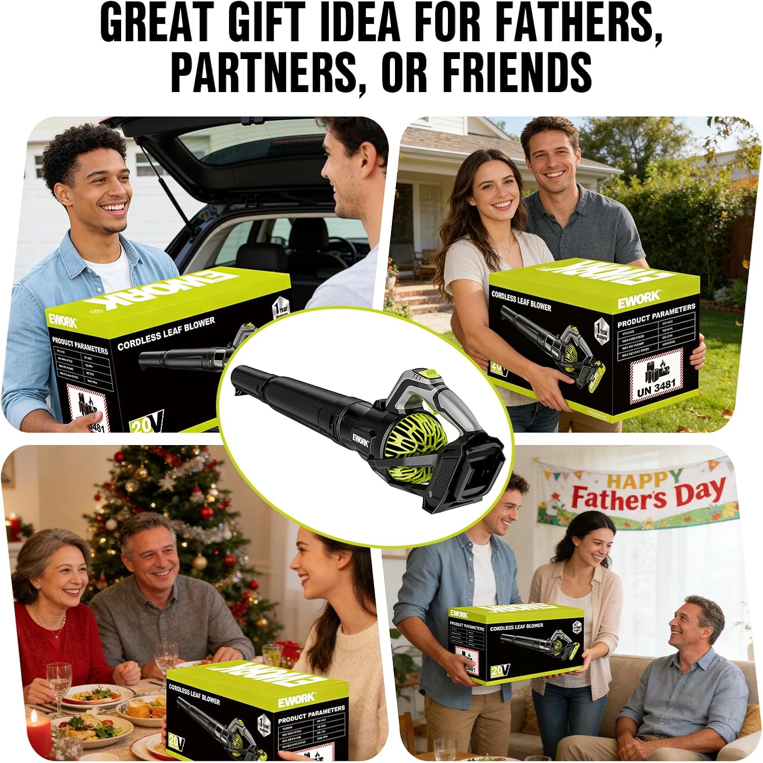 EWORK Cordless Leaf Blower with Battery and Charger 550 CFM Lightweight Electric Blower, 20V 3-Speed Modes, Powerful Blower for Lawn Care, Garden, Green