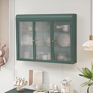 Mueble de Pared con Armarios de Cristal Curvo de 3 Puertas de Pared Armario de Almacenaje para Cocina Salón Baño Comedor Mueble Verde