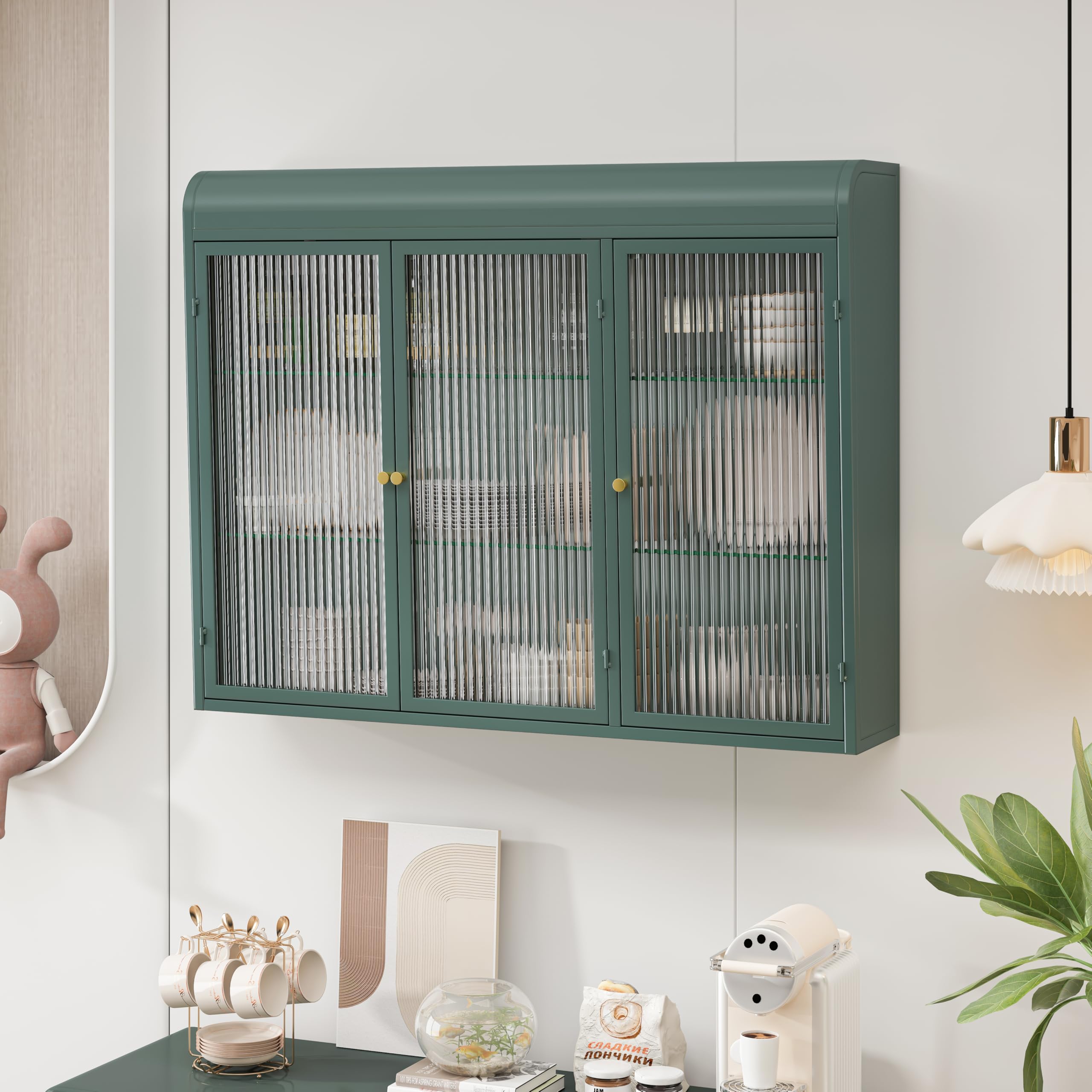 Armadio da cucina con 3 ante in vetro, vetrina sospesa a forma di arco, pensile per cucina, soggiorno e bagno (verde scuro)