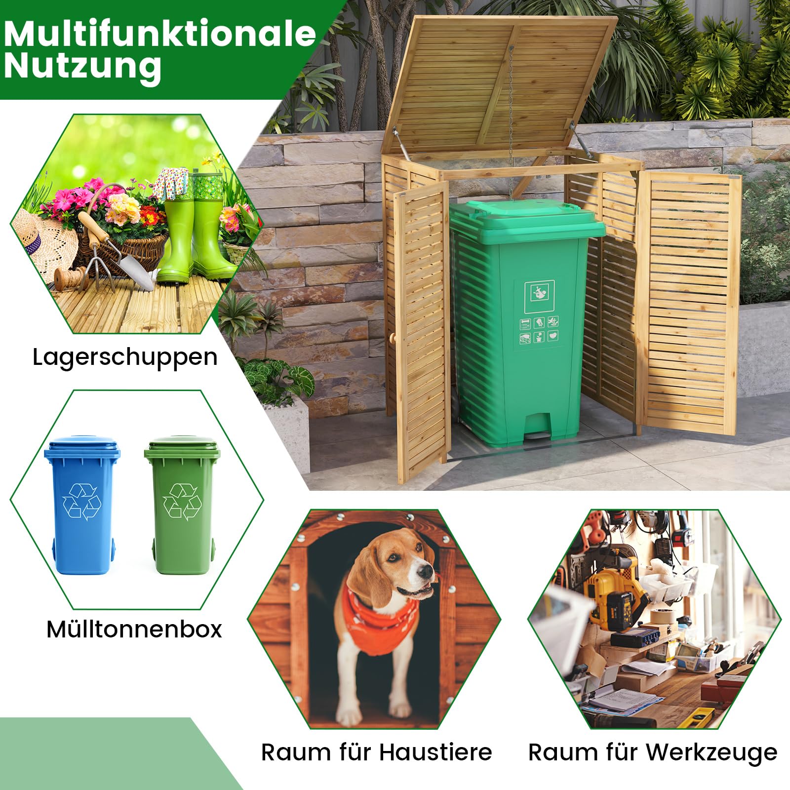 COSTWAY Mülltonnenhaus Holz, für Mülltonne 120 L, Mülltonnenverkleidung für Mülltonnenbox, Mülltonnenschutz mit Tür & Deckel, Aufbewahrungsbox für Mülltonnen, wetterfest für Garten Terrasse, Natur
