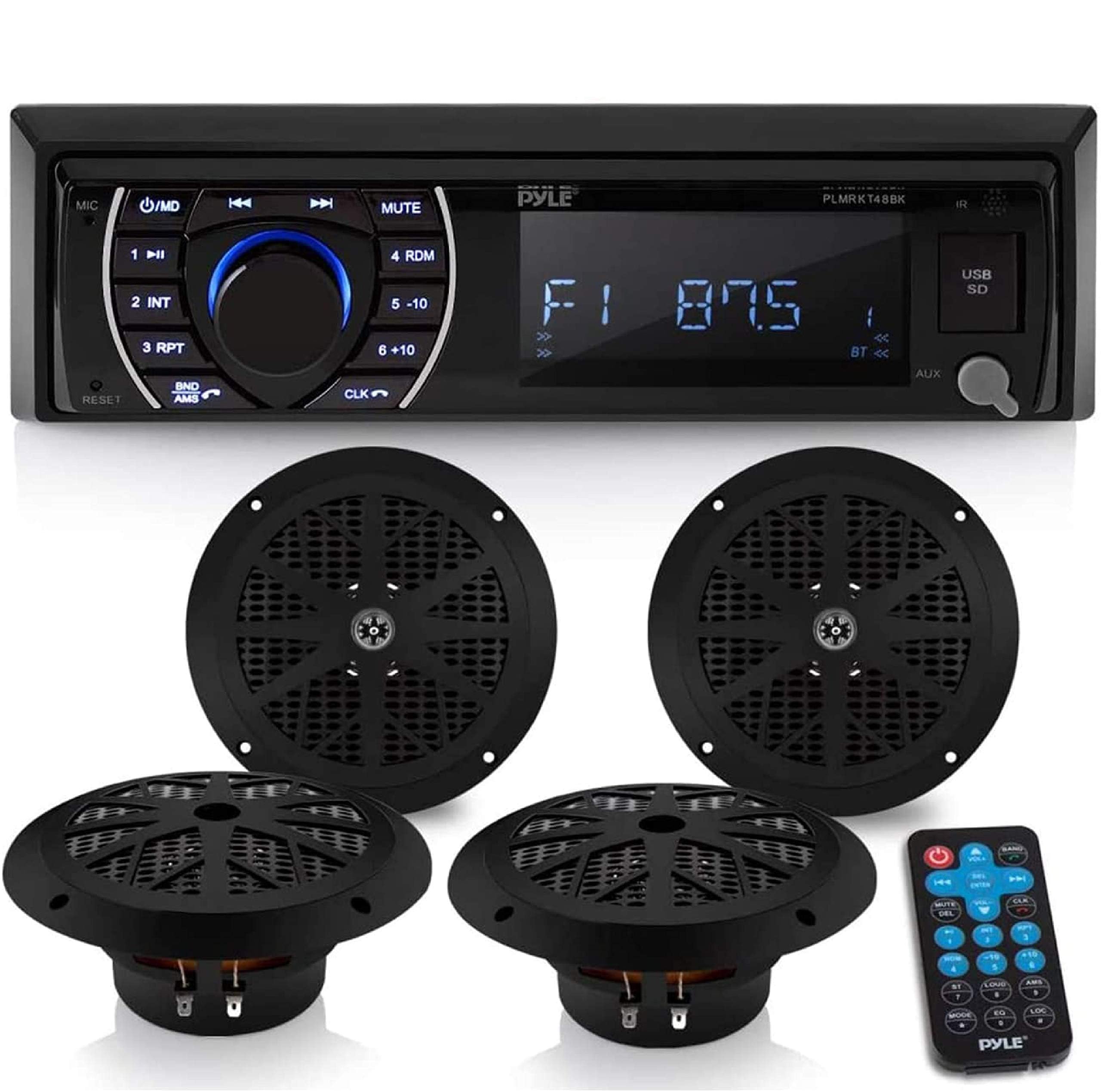 Marine Head Unit Receiver Speaker Kit - In-Dash LCD Digital Stereo Built-in Bluetooth & Microphone w/ AM FM Radio System 6.5’’ Waterproof Speakers (4) MP3/SD Readers & Remote Control - Pyle PLMRKT48BK
