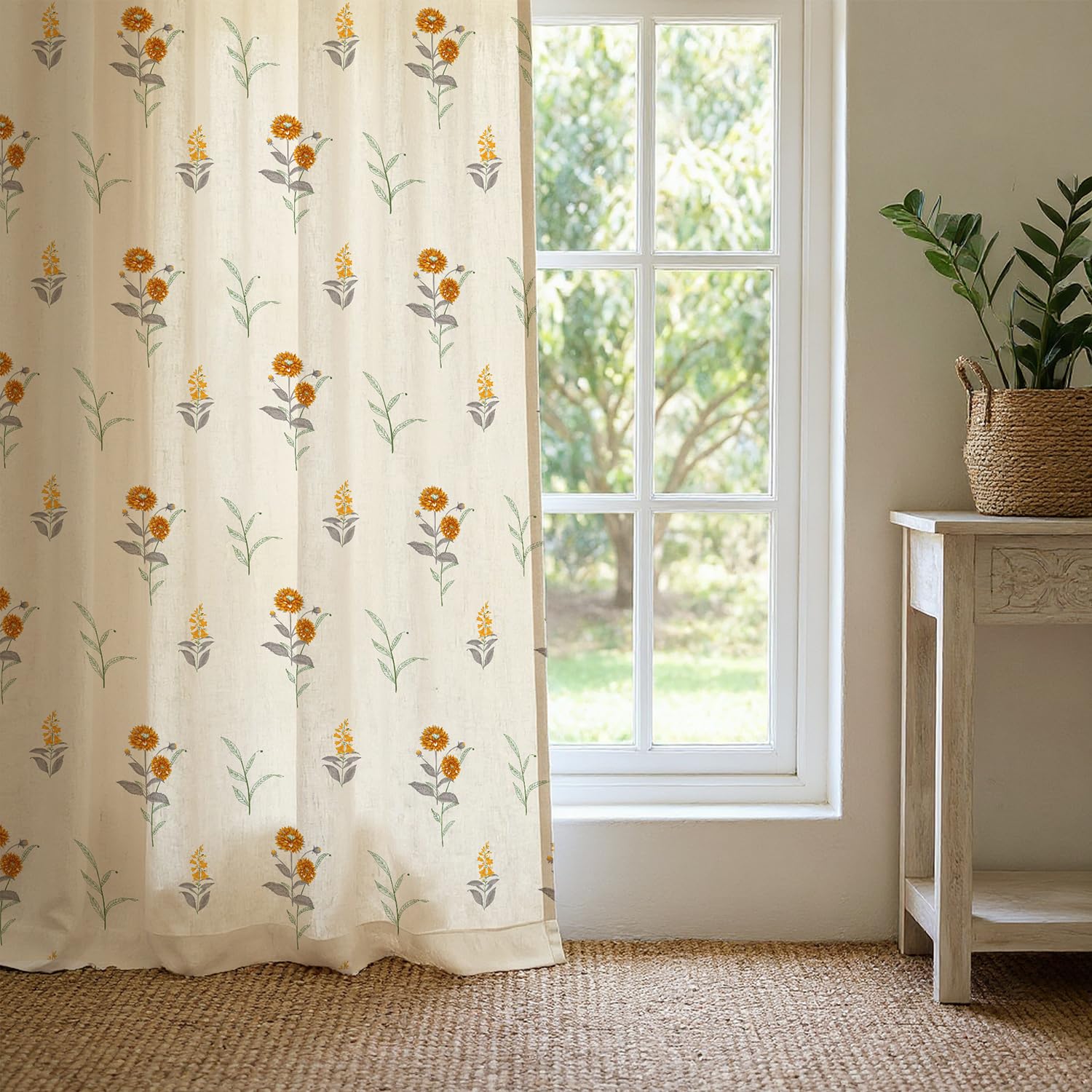 Urban Space Cotton Curtains 5 Feet Long Set of 2,60-65% Room Darkening Curtains, Decorative Curtain with Eyelets/Rings for Hanging,Tieback Included(Cotton Coneflower-Yellow,5 Feet X 4 Feet)