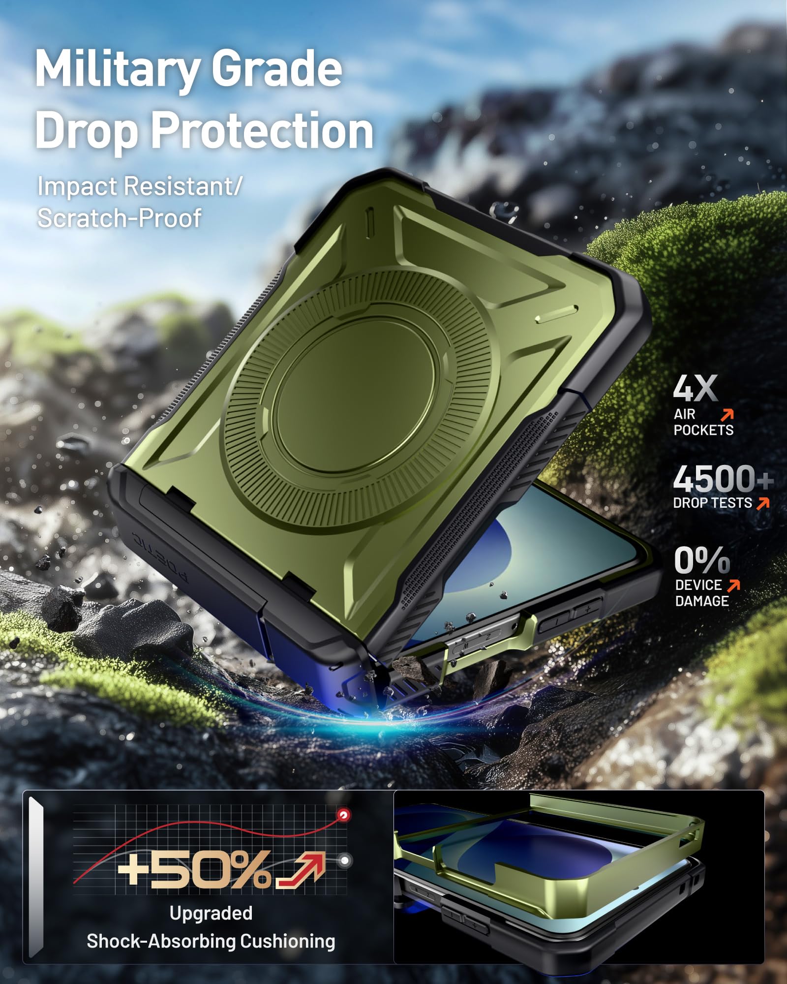 Poetic Spartan - Custodia protettiva per Samsung Galaxy Z Flip 8, con cerniera, compatibile con MagSafe, pellicola protettiva in vetro temperato, robusta, antiurto, con cavalletto, colore: verde