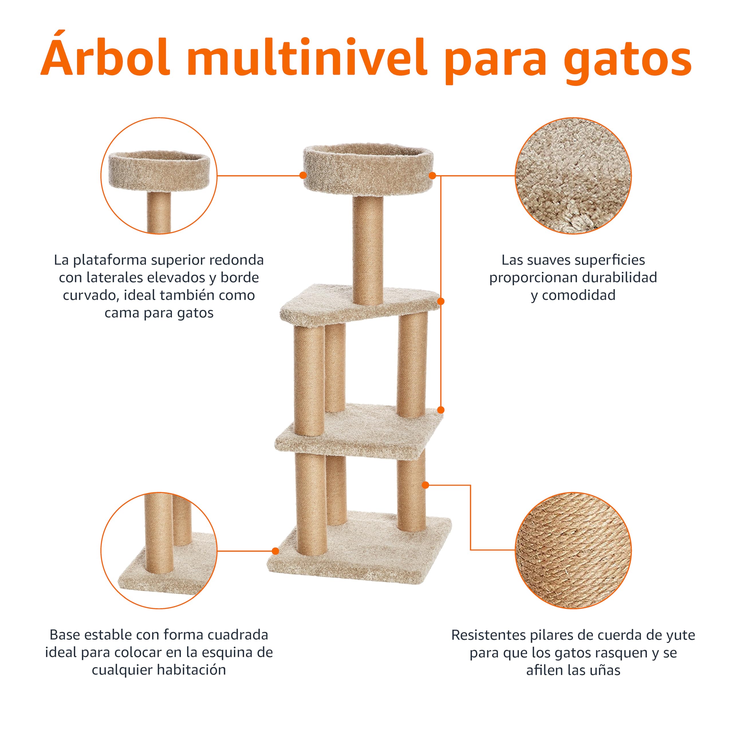 Amazon Basics Torre multinivel para gatos con postes rascadores para uso en interiores, color beige, L (45L x 45W x 117H cm)
