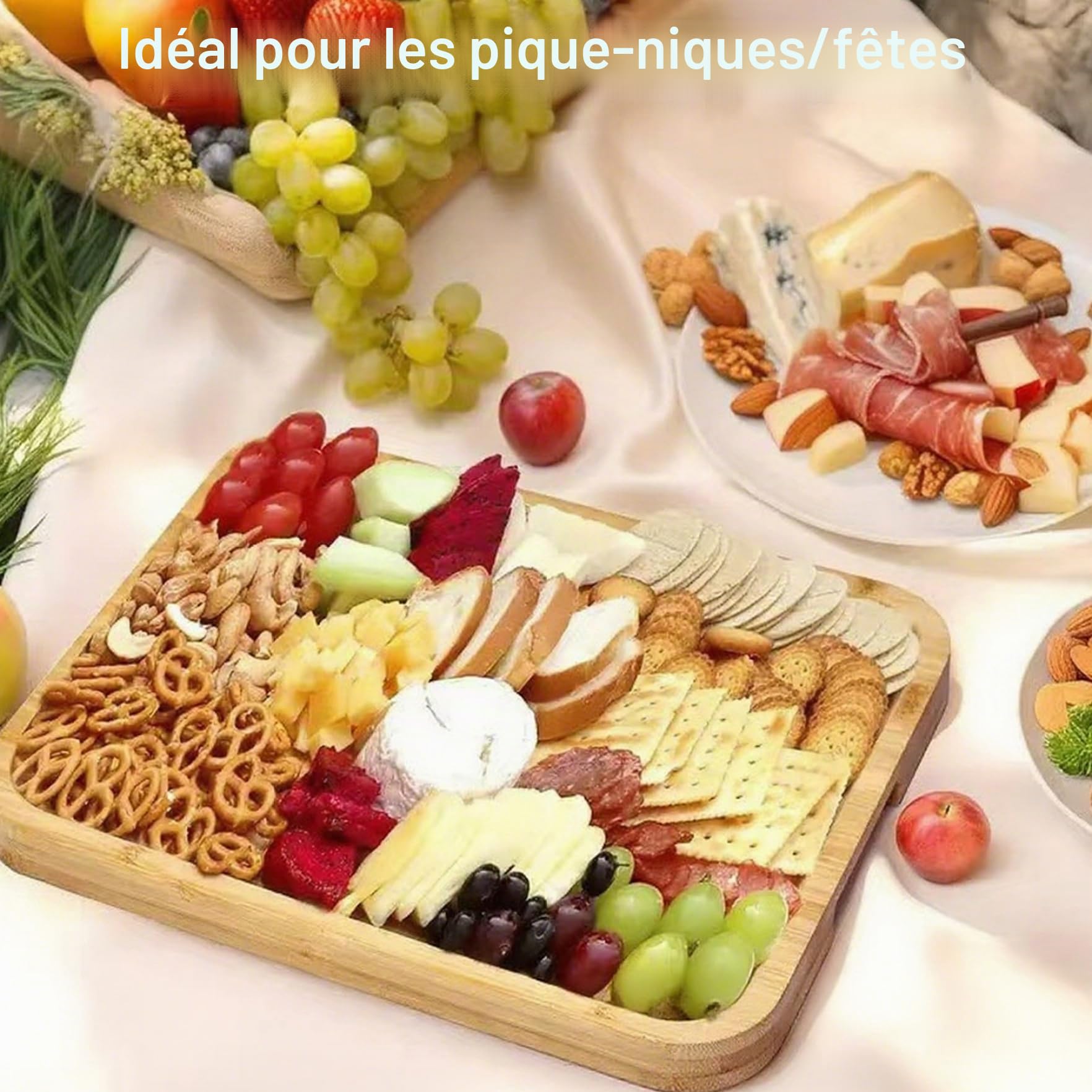 Planche à charcuterie avec couvercle, planches à charcuterie en bois portables avec couvercle transparent verrouillable, plateau de service couvert pour pique-nique camping