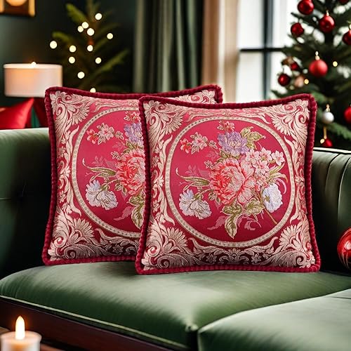 Juego de 2 fundas de almohada bordadas vintage de 18 x 18 pulgadas, fundas de almohada rojas con flores retro para sofá, funda de cojín bordada para