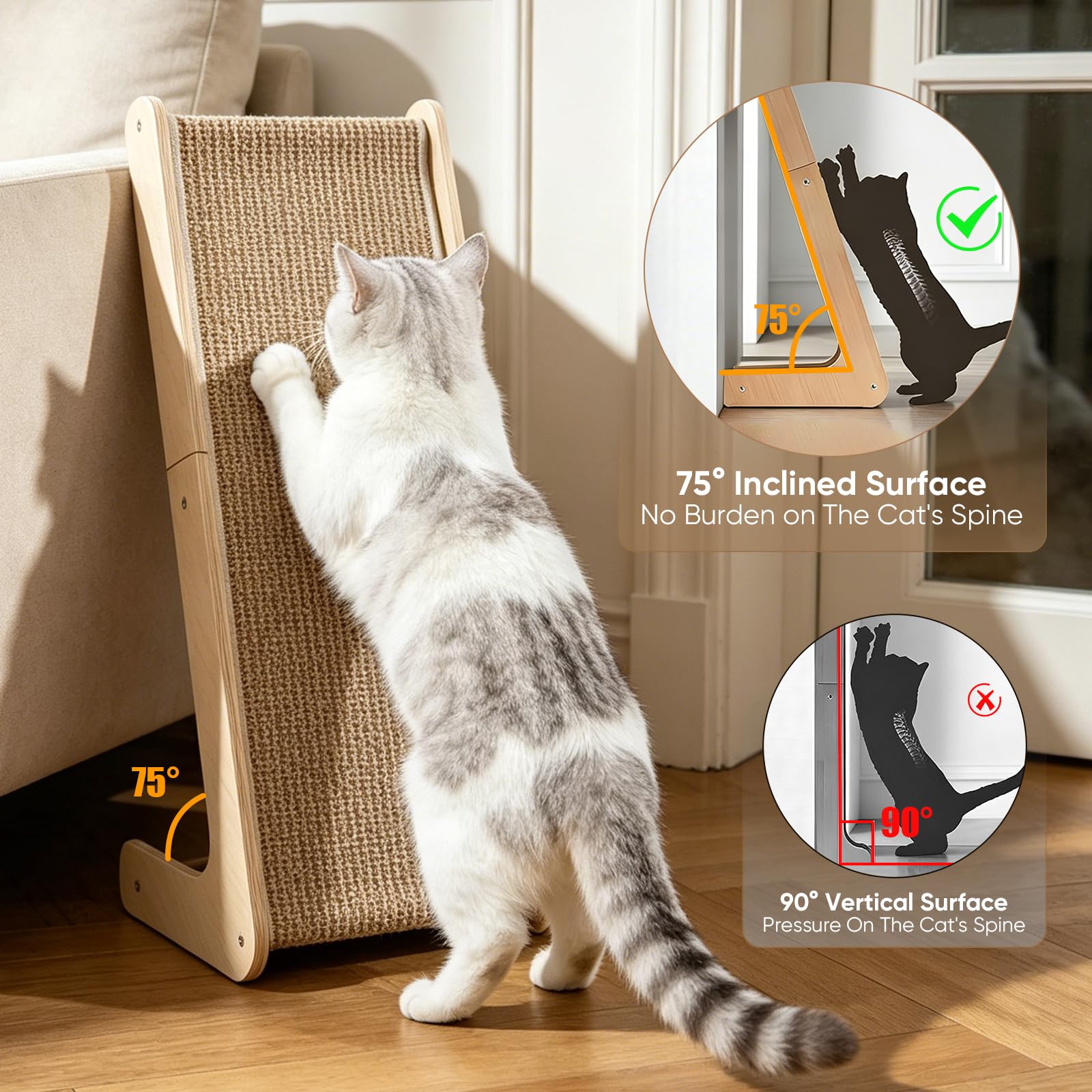 Griffoir pour Chat, Griffoir Incliné en Bois Naturel avec Revêtement Sisal, Griffoir Chat Anti Griffe Canapé, Grattoir Stable pour Chats d’Intérieur, Protège Meubles et Favorise l’Activité Physique