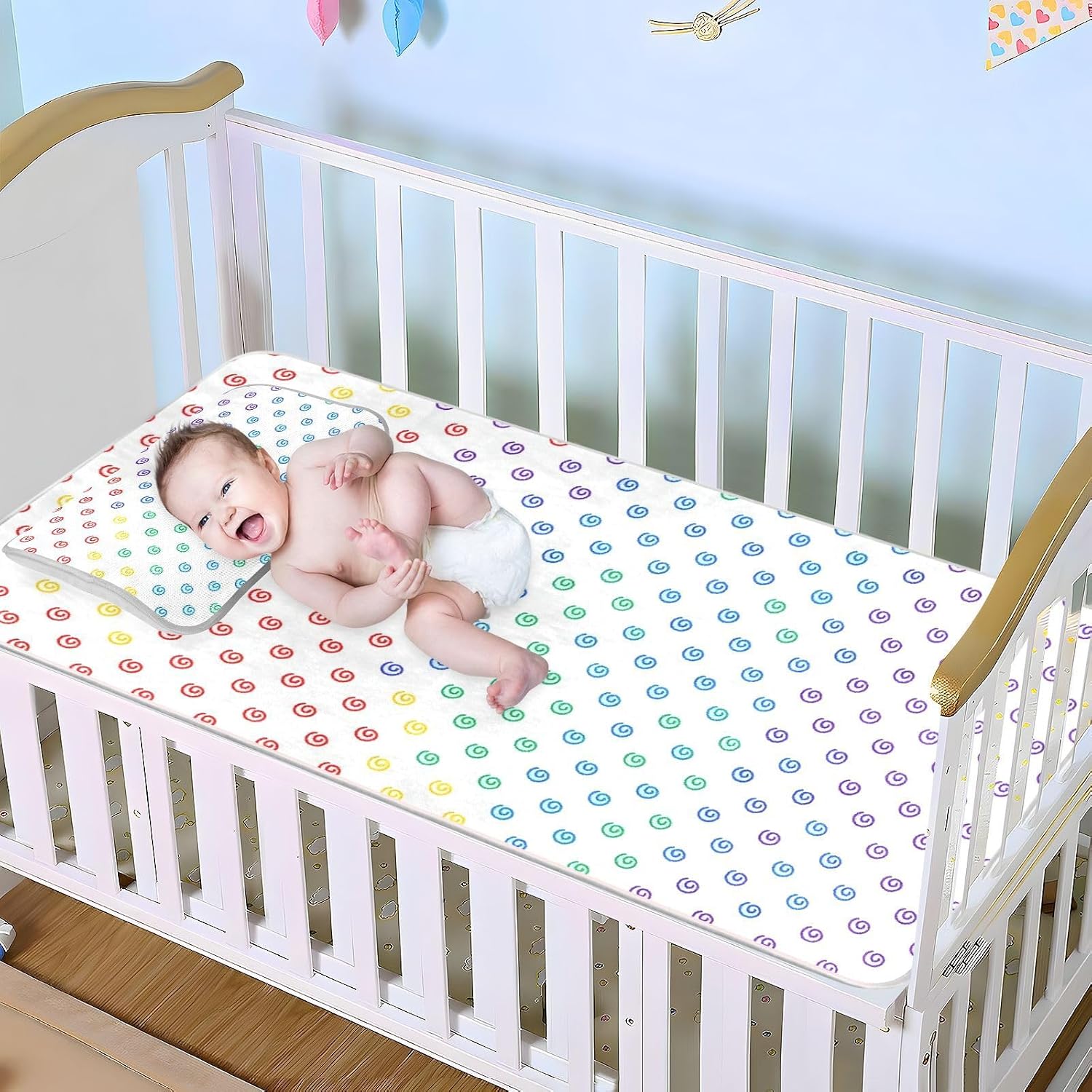 Colorful Rainbow Circles Cooling Baby Crib Mattress Protector 28" x 52" Washable Pads for Kids for Baby&Toddler
