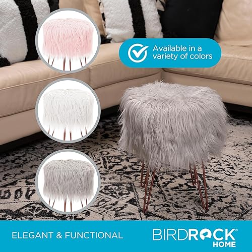 Miniatura 5 de BIRDROCK HOME Taburete de tocador de piel sintética plateada, asiento acolchado compacto y suave, patas de metal, muebles decorativos tapizados para
