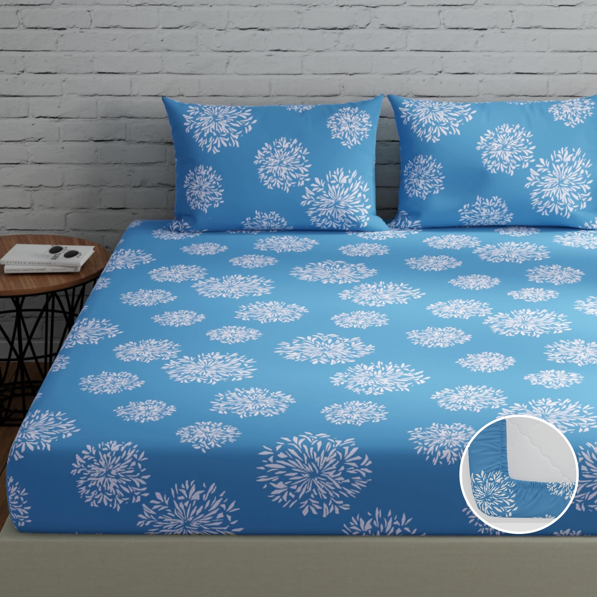 Huesland by Ahmedabad Cotton 144 TC Fitted Bedsheet King Size Cotton with 2 Pillow Covers - Color | 6ft x 6.5ft | Blue