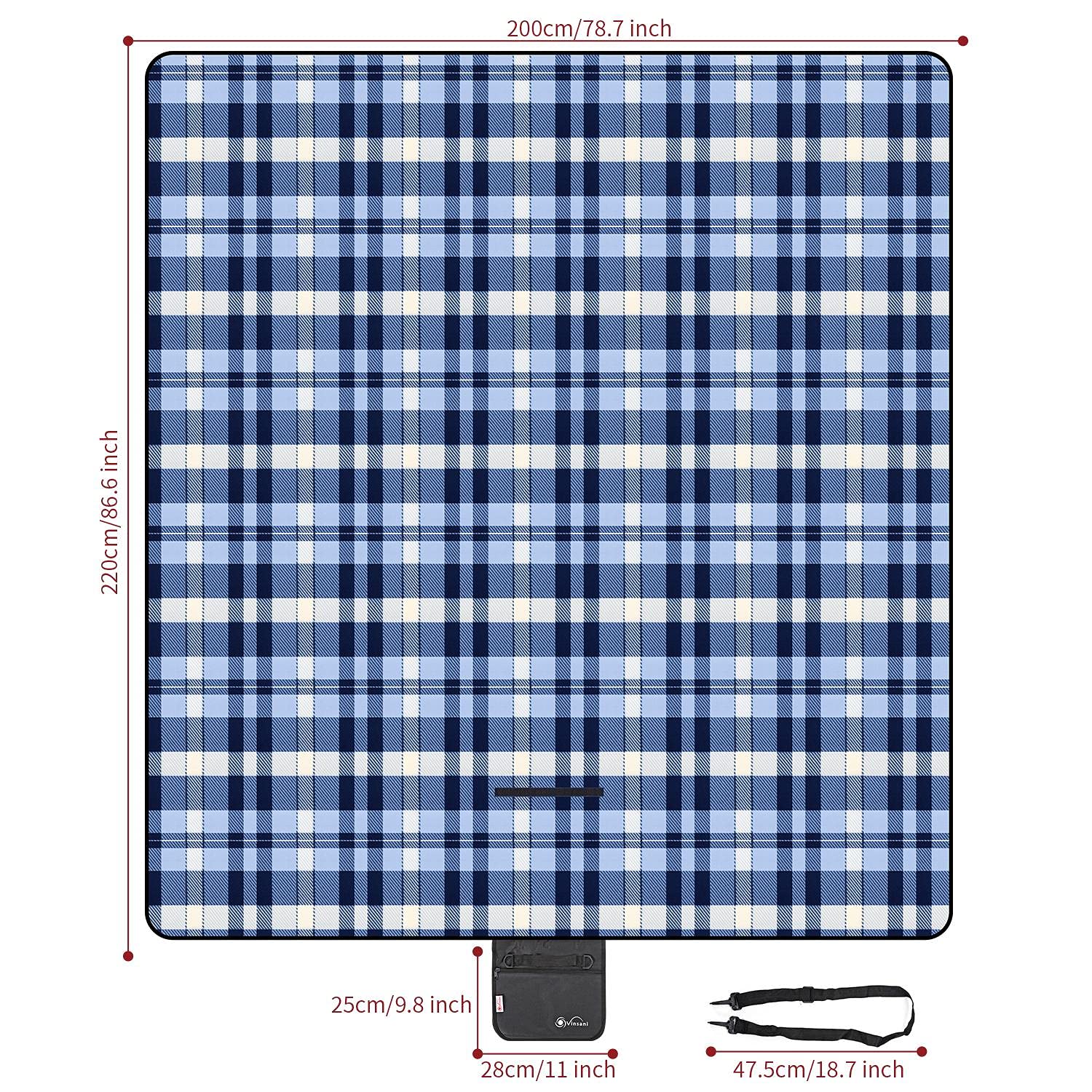 Vinsani Foldable Picnic Blanket 220 x 200 cm - Anti-Slip, Durable Waterproof & Sand Proof Outdoor Rug Mat for Camping, Beach, Hiking, Park & Garden, Easy to Carry, Machine Washable | Checkered - 3