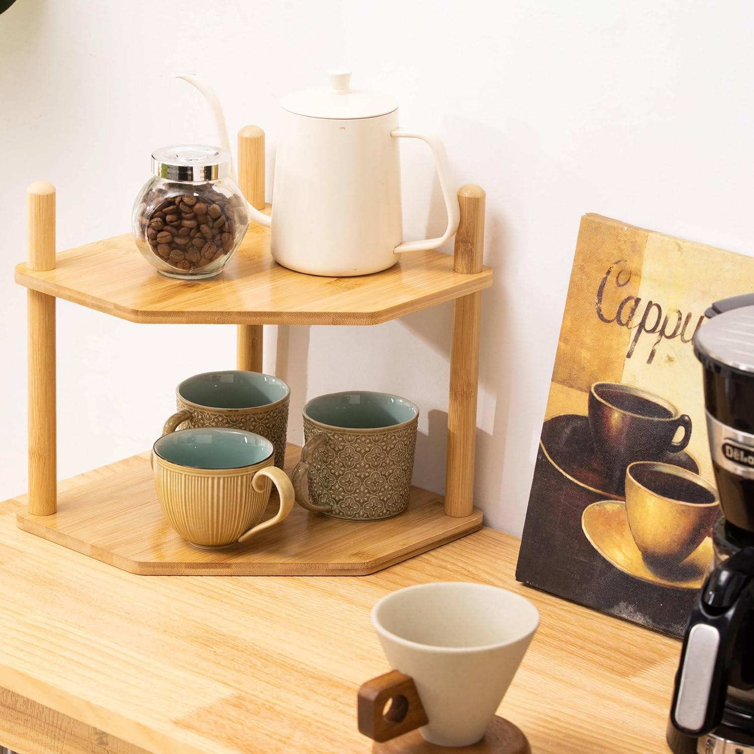 2 Pack 2-Tier Expandable Bamboo Corner Shelf - Dish/Plate Organizer for Cabinet, Kitchen Counter Shelf & Small Kitchen Shelf, Adjustable(2, 6.7" H)