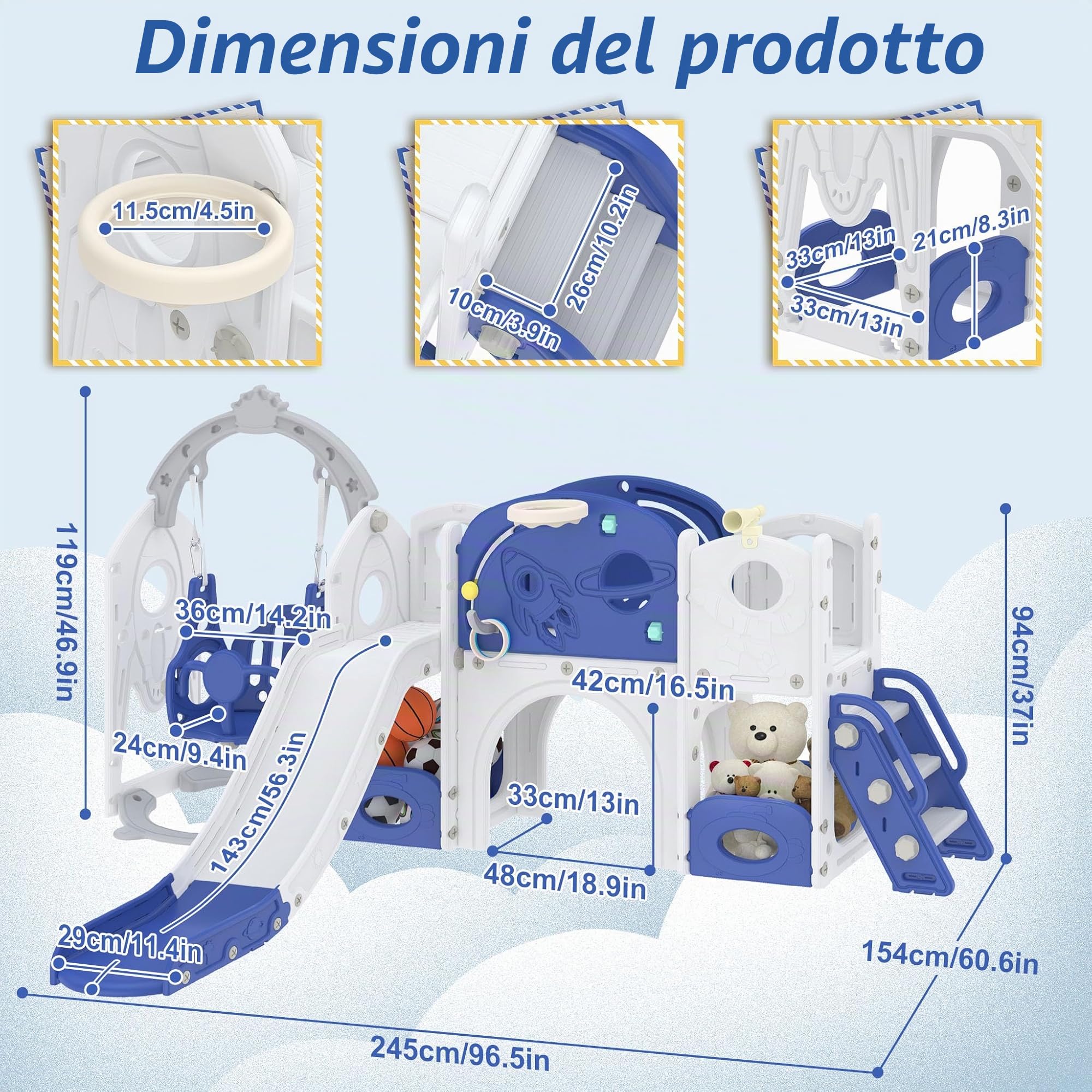 Froadp Scivolo 9 in 1 per bambini a partire da 1 anno, per interni ed esterni, in HDPE e PP, con altalena, scaletta da arrampicata, tunnel, spazio di archiviazione, cestino da basket e telescopio da