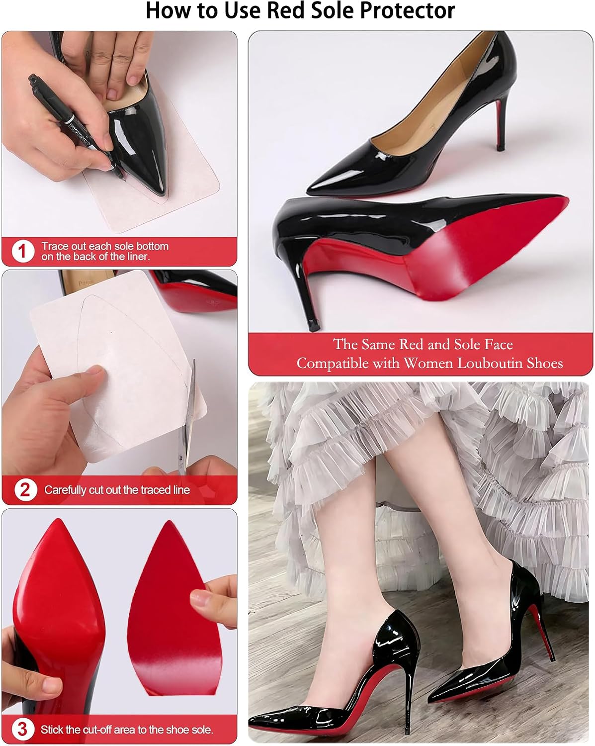 Red Smooth Bottom Protector Compatible for Christian Louboutin, Color-Matched RedShoe Sole Guard & Repair Kit, Self-Adhesive Anti-Slip Shoe Grips for Heels & Stilettos (4 Pcs Red, 6x4.5”)