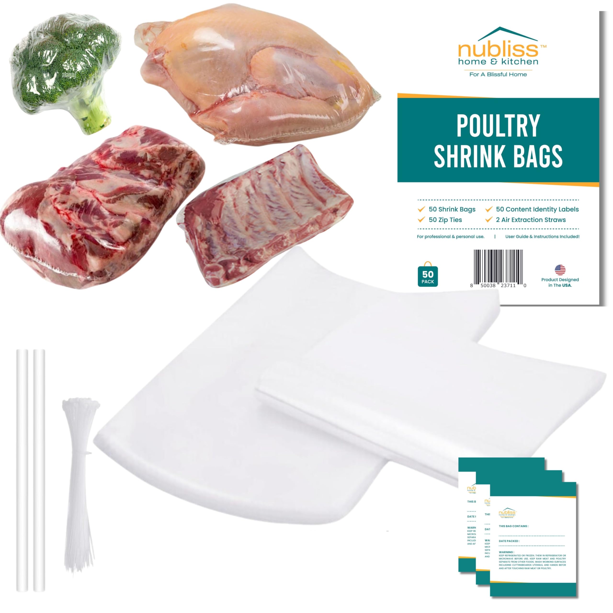 NuBlissPoultry Shrink Wrap Bags,13x18 Inches Poultry Heat Shrink Bags Freezer, Includes Zip Ties, Labels, and 2 Insert Straws, Thick Clear Shrink Wrap for Chicken, Meats, and Vegetables (50)