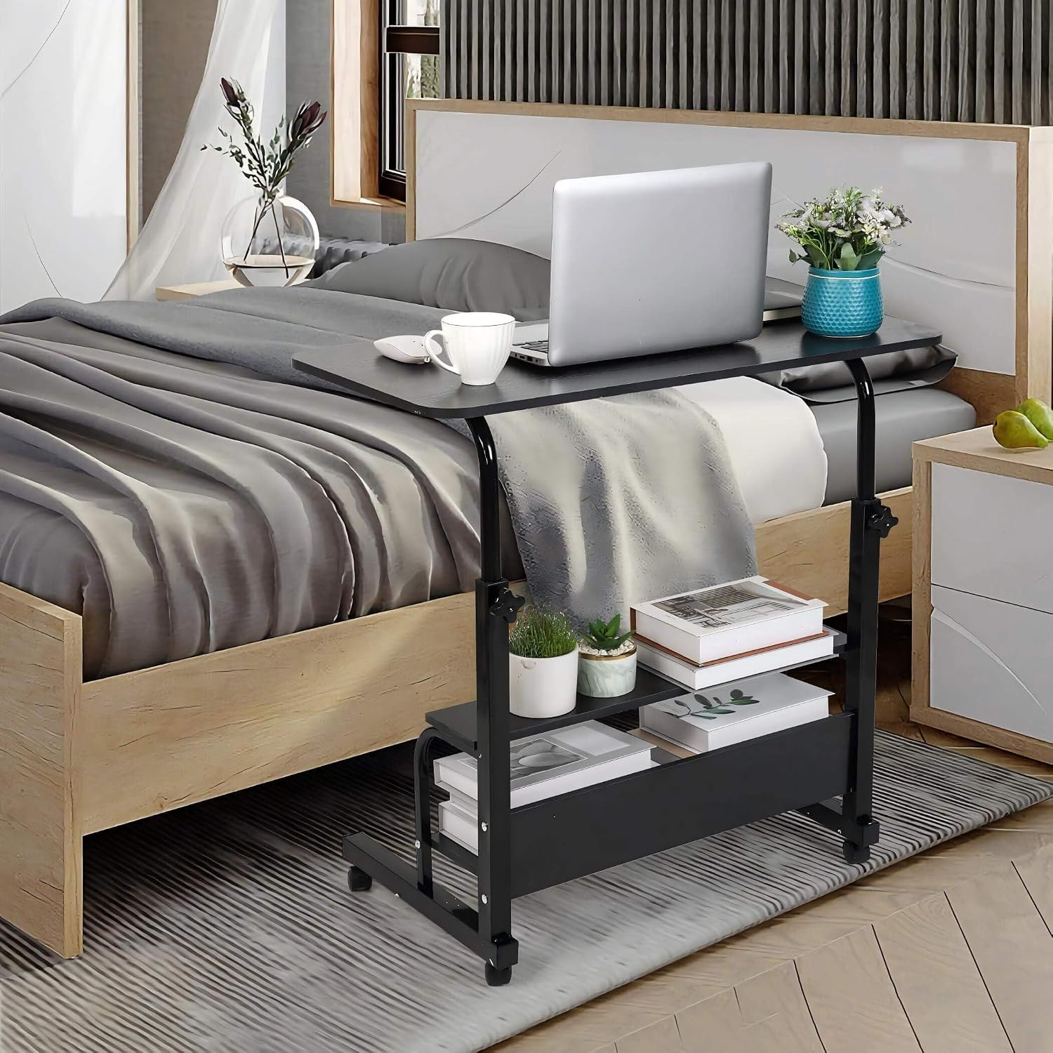 Adjustable Laptop Standing Desk - Mobile Rolling Computer Workstation for Small Spaces, Portable Home Office Desk with Storage Black