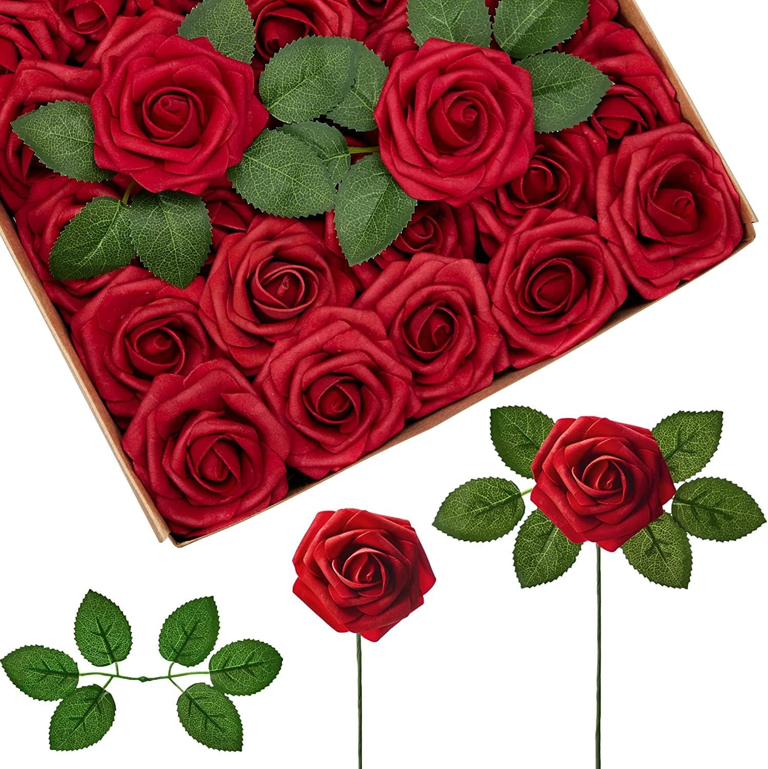Artificial Flowers 25pcs Real Looking Foam Fake Roses with Stems for DIY Wedding Bouquets Baby Shower Centerpieces Floral Arrangements Party Tables Home Decorations (Dark Red)