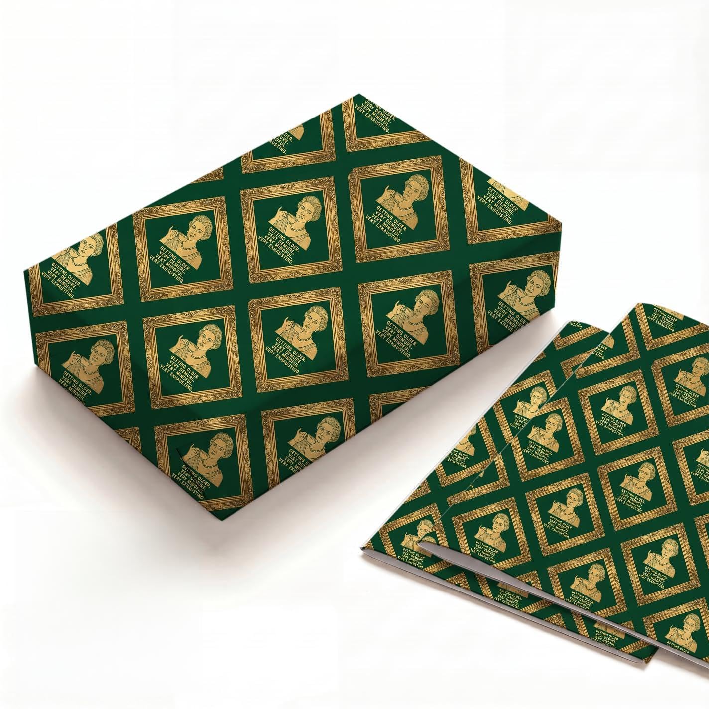 Funny Demure Mindful Tea Birthday Wrapping Paper Folded Sheets, 120GSM Thick Kraft Wrapping Paper for Women, Green Vintage Gold Frame Print Present Packaging for Bestie Sister, 2 Pack