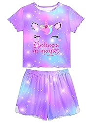 MHJY Girls Pajama Sets Ruffled Sleepwear Casual Short Sleeve Shirt and Shorts 2pcs Summer Pjs Set for Kids