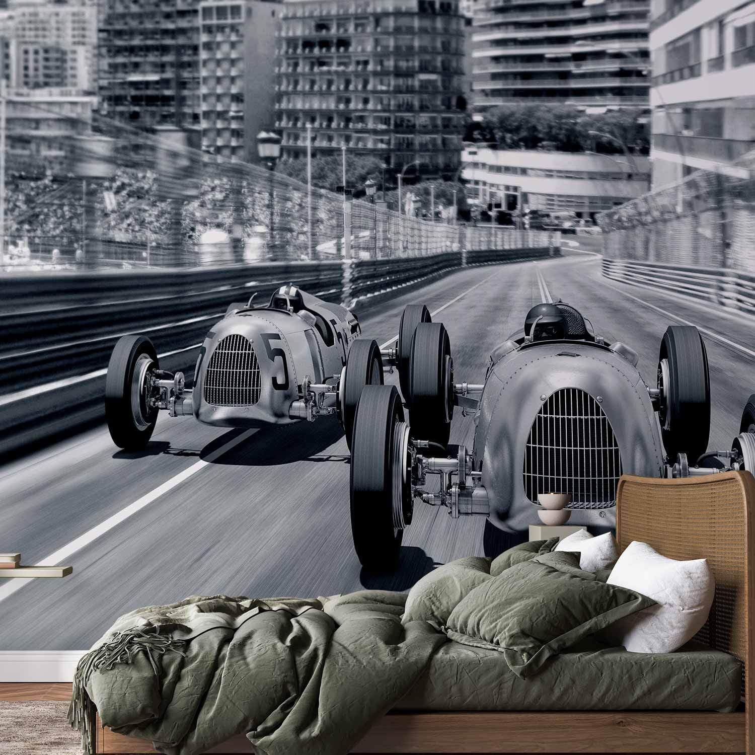 decomonkey Premium Fototapete Auto, 350x256 cm, XXL, Rennen grau, Vlies | Schlafzimmer, Wohnzimmer, Design, Tapete, Fototapeten, Tapeten, Vliestapete, Wandtapete, moderne, Wand