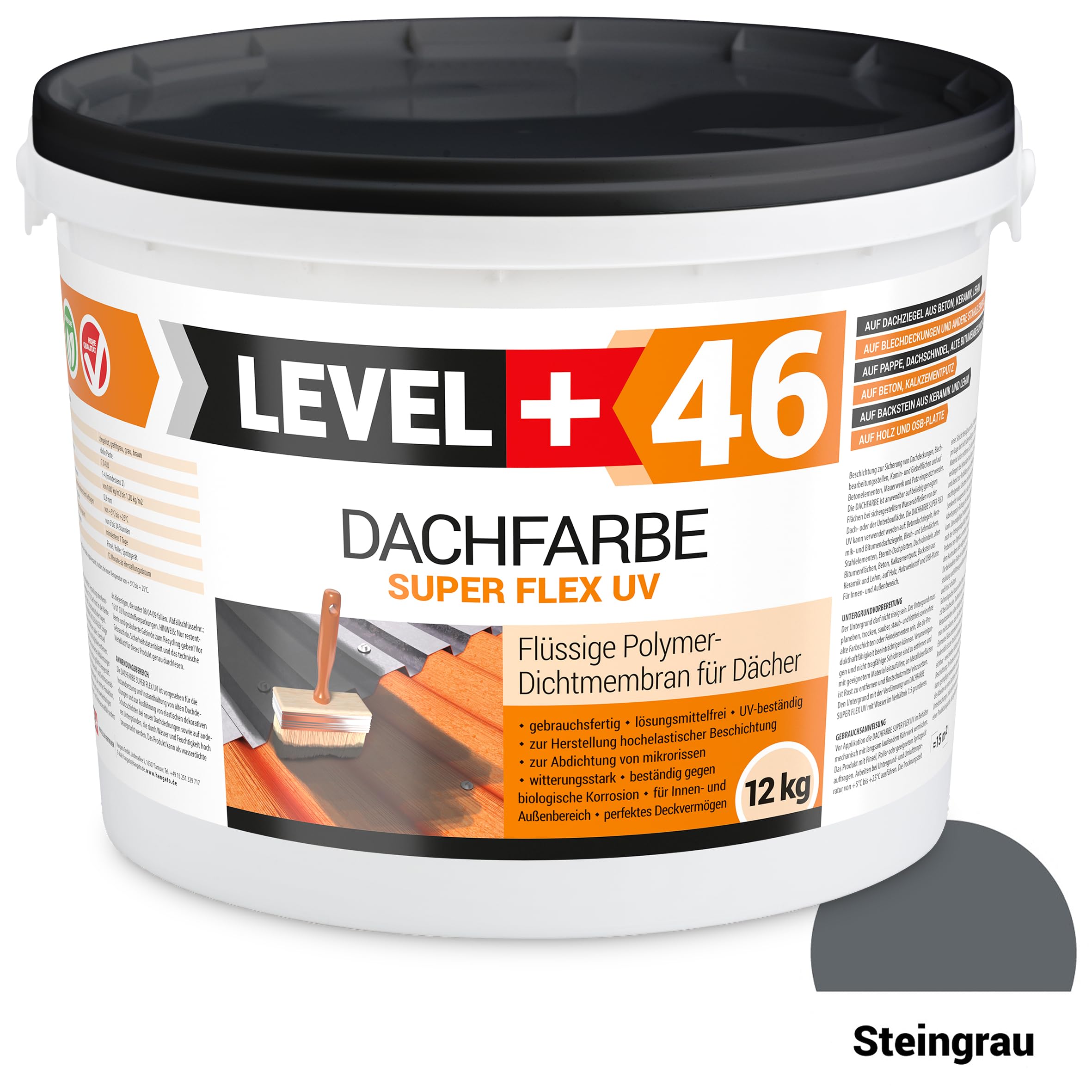 Dachfarbe 12kg Sockelfarbe Dachlack | Dachsanierung flexibler Polymermembran hochdeckend wetterbeständig Steingrau RM46