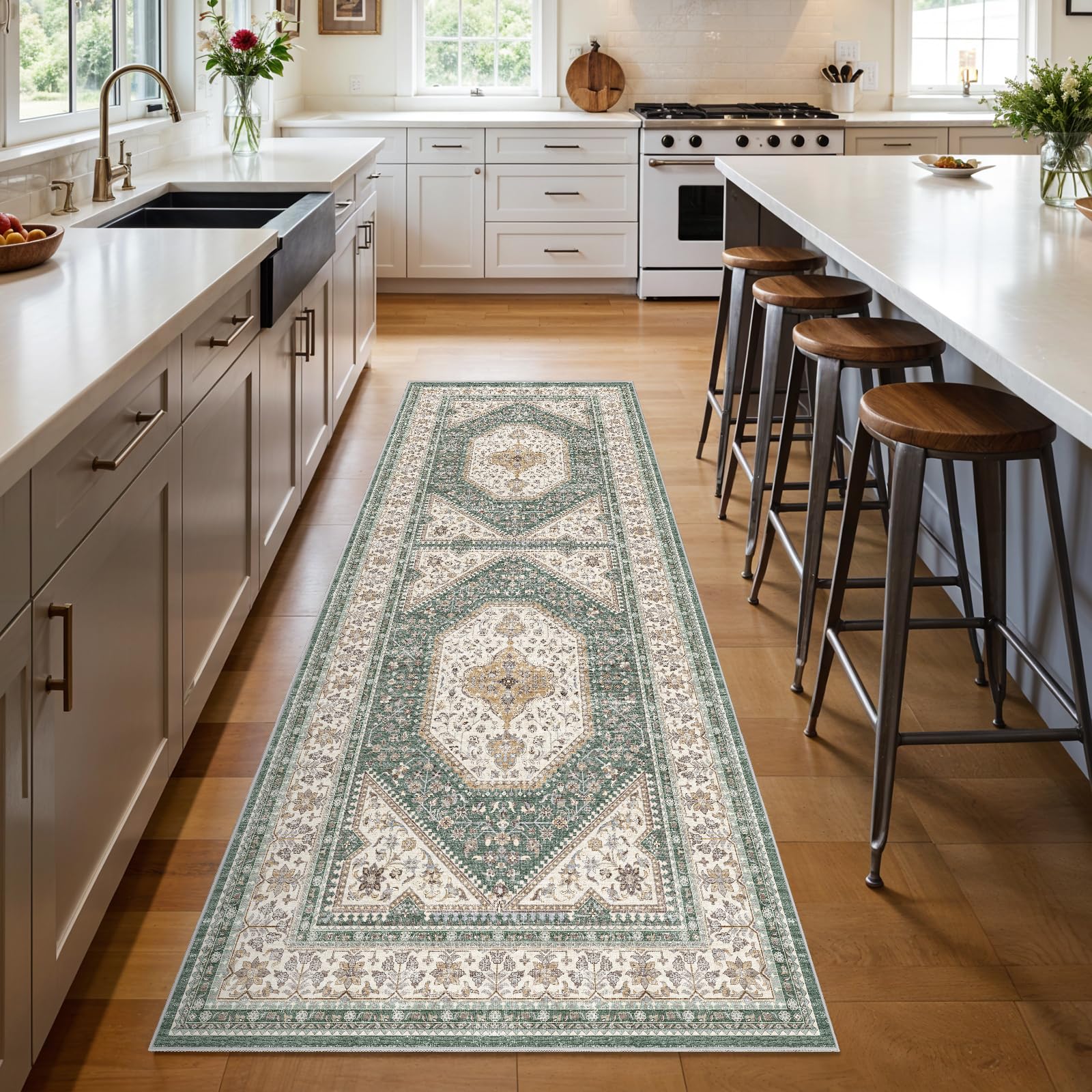 3x8 Runner Rug for Hallway Washable: Non Slip Kitchen Rugs with Rubber Backing Soft Waterproof Mats Stain Resistant Indoor Vintage Carpet Runner for Bedroom Bathroom Laundry Entryway Green/Beige
