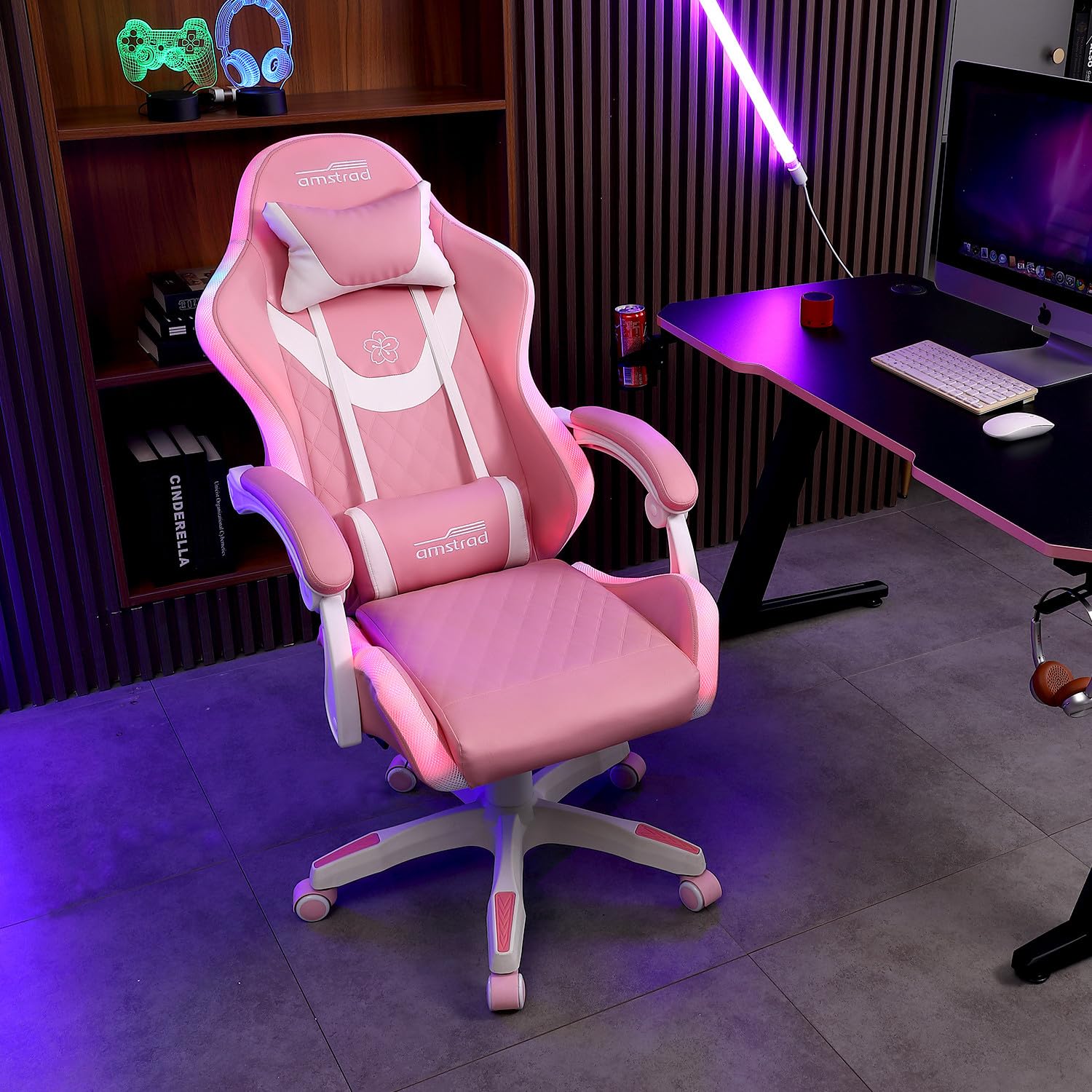 Amstrad Fauteuil Gaming AMS-LED-Sakura - Simili Cuir Rose et Blanc - Eclairage LED 366 Effets - Télécommande