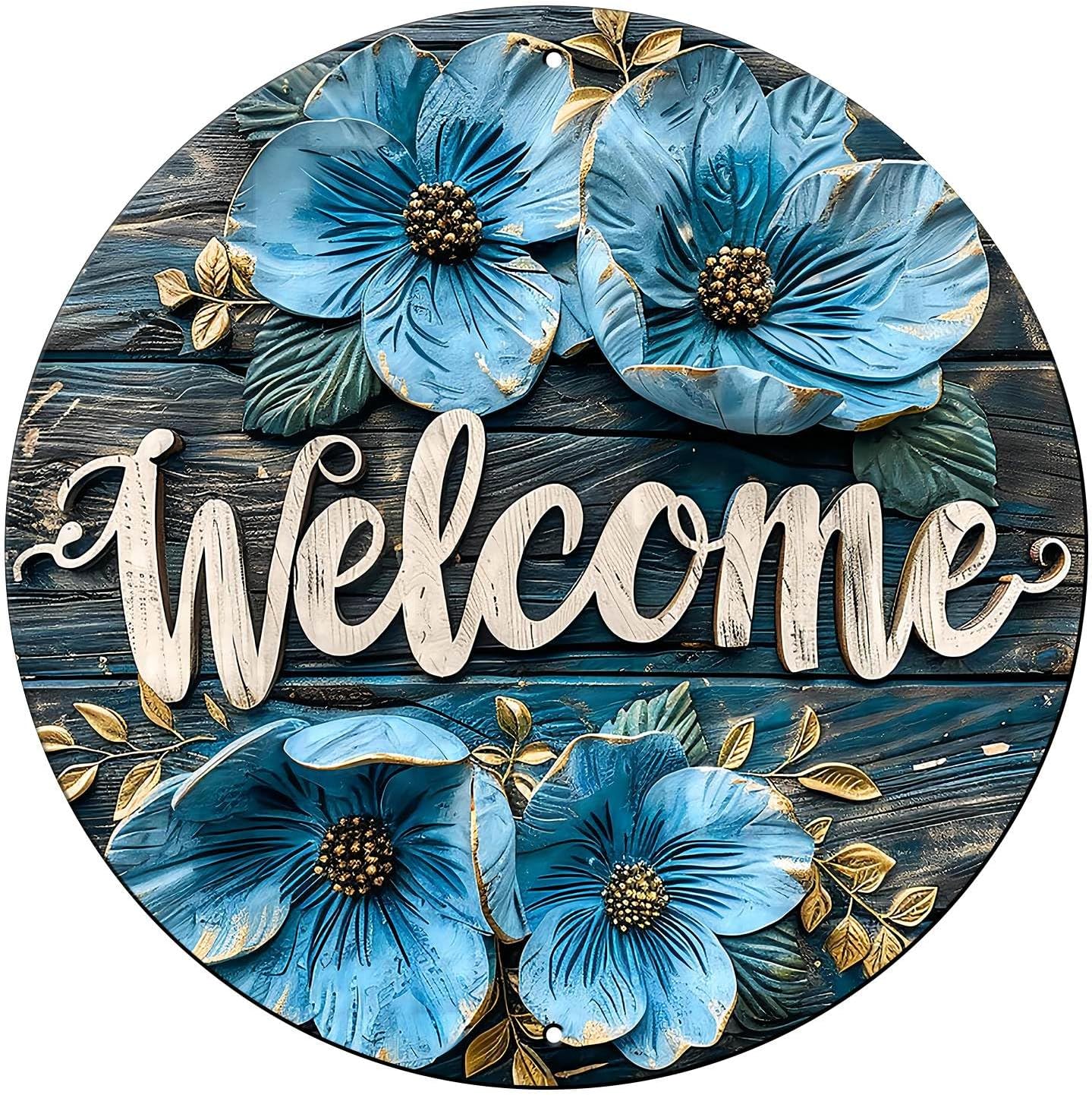 Flower Welcome Round Metal Sign Floral Door Sign Farmhouse Rustic Wreath Wall Decoration for Indoor Outdoor Home Porch Window Decor 12 Inch
