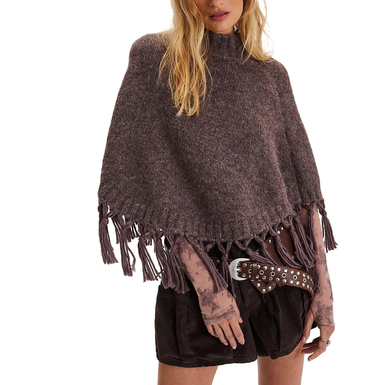 Women Tassel Poncho Sweater Mock Neck Fringed Hem Shawl Y2k Vintage Asymmetrical Pullover Cape Shrug Knitwear