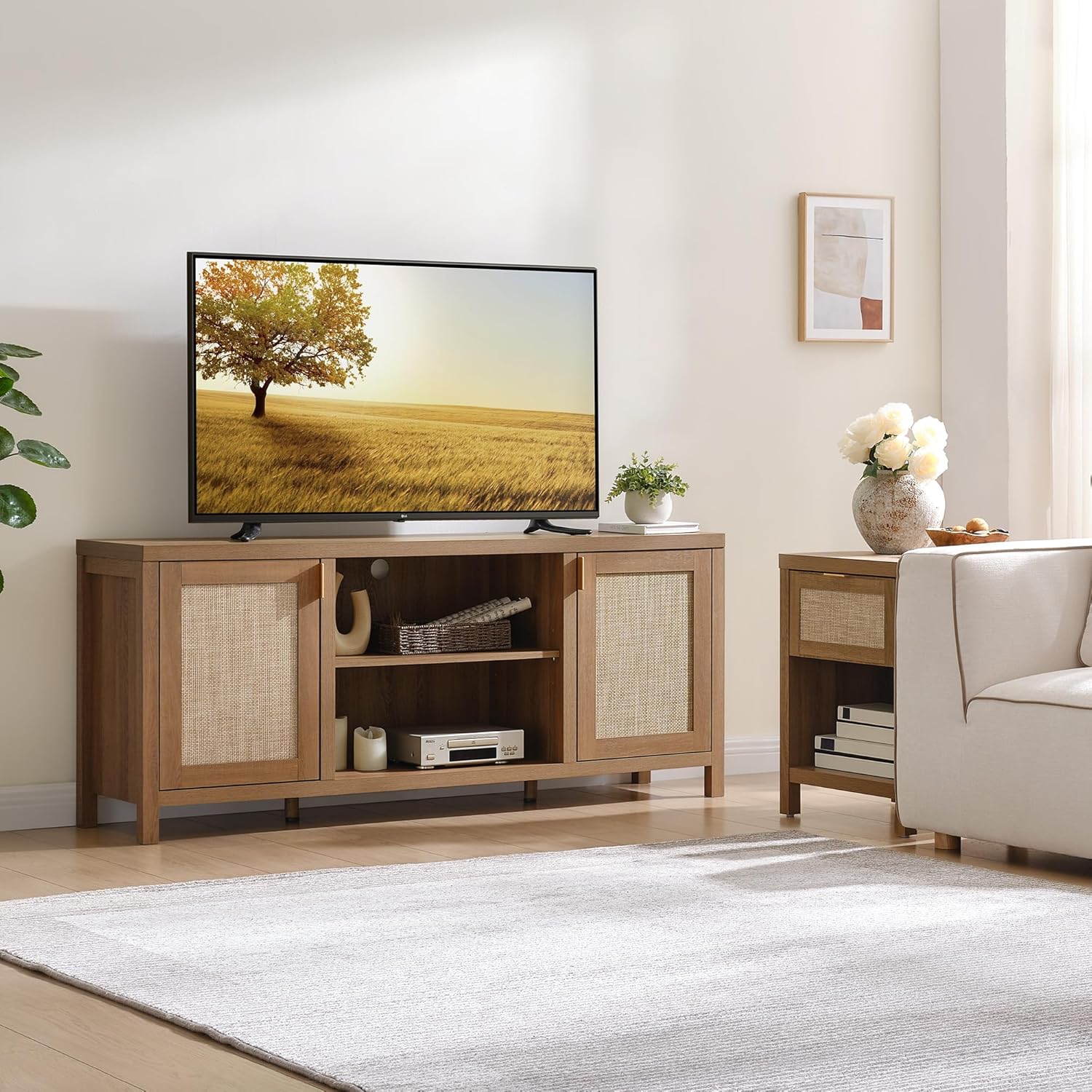 SICOTAS TV Stands for Living Room : Rattan TV Console Cabinet with Storage and Shelf, Boho Entertainment Center, 59" Media Console for 55, 65 Inch TV, 26" Tall Television Stands, Oak