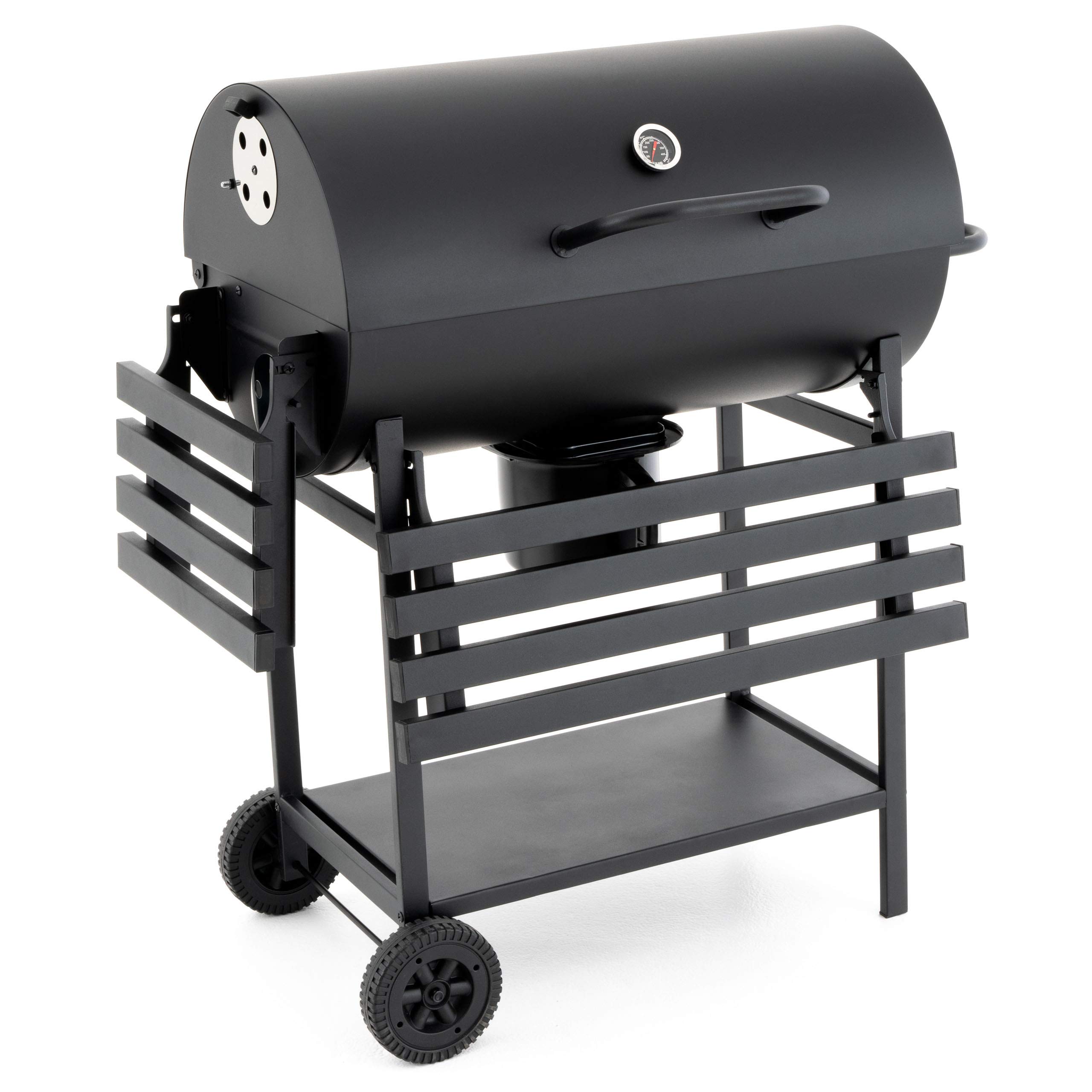 Nexos Trading Grillwagen Holzkohlegrill Gartengrill BBQ Smoker 4-beinig 62cm Grillfläche Klapp-Deckel mit Thermometer massiv Stahlblech klappbare Ablageflächen Thermometer