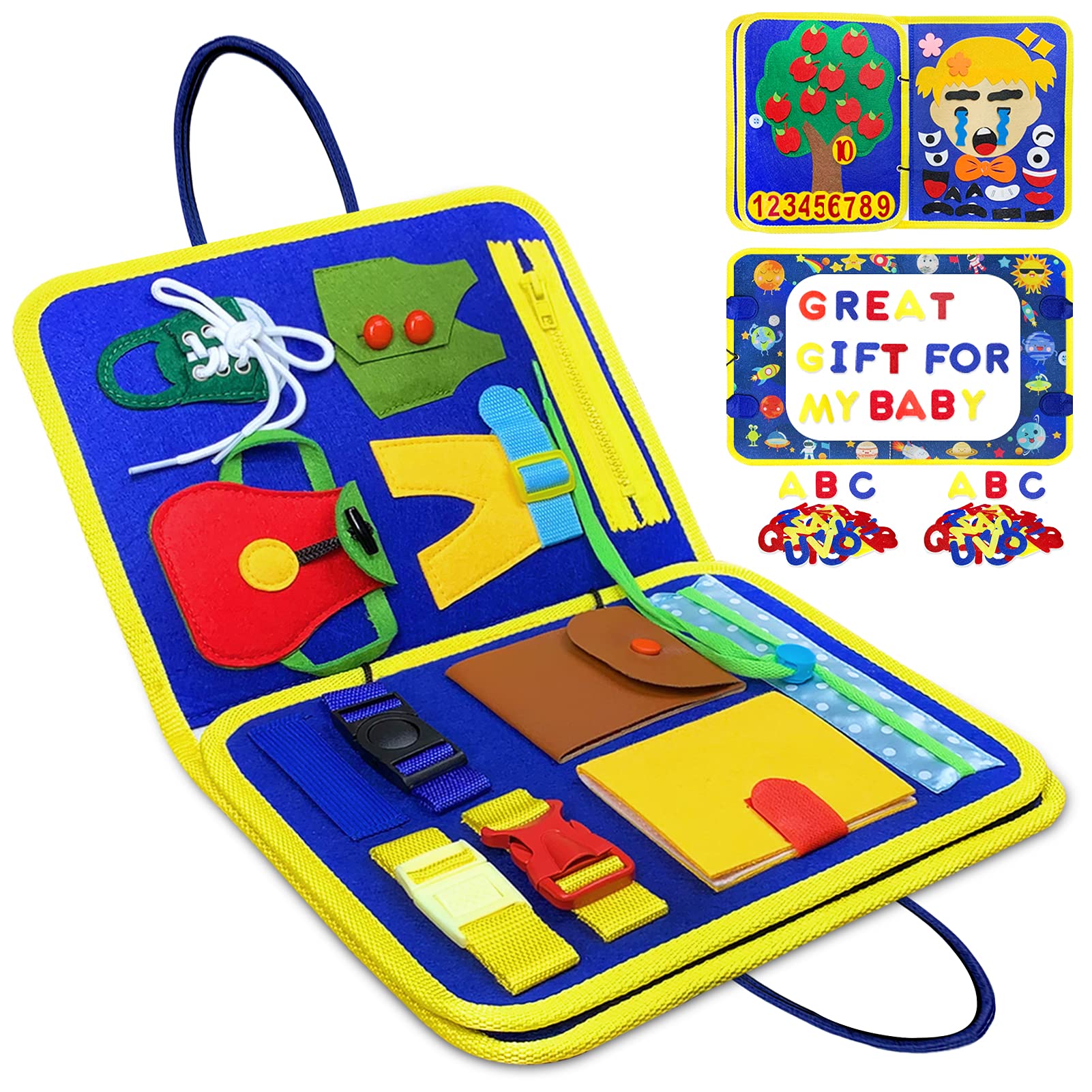 MITCIEN Toddler Busy Board, Montessori Sensory Toy for Develop Basic Skills, Dressing, Counting, recognizing Letters and Spelling Words Games, Learning Toy for Airplane or Car Travel