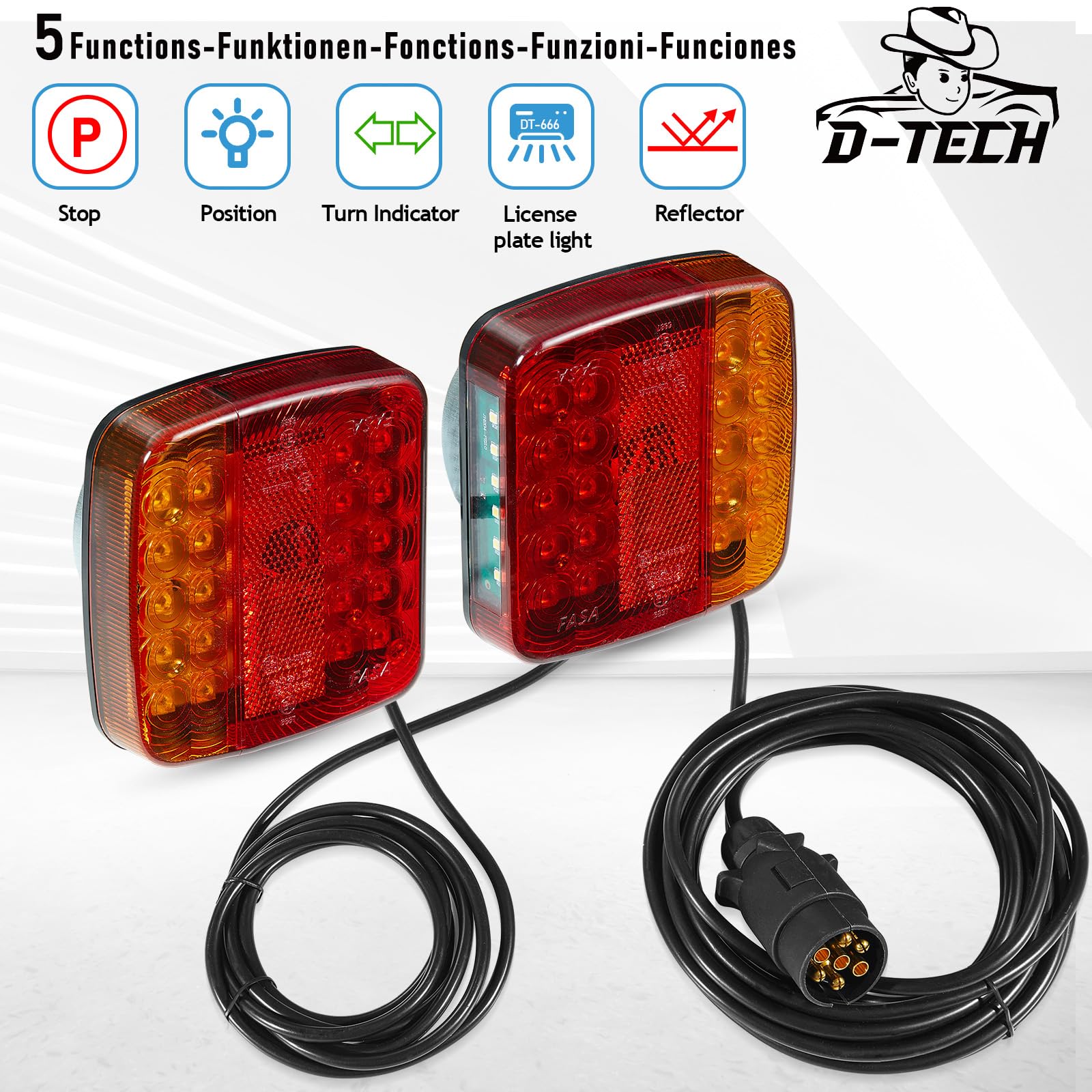 DARKGUARD Fari Posteriori LED Per Rimorchio – 12V/24V, 7 Funzioni, IP65, Omologati E57, Con Connettore A Baionetta 5 Pin – Coppia Destra/sinistra