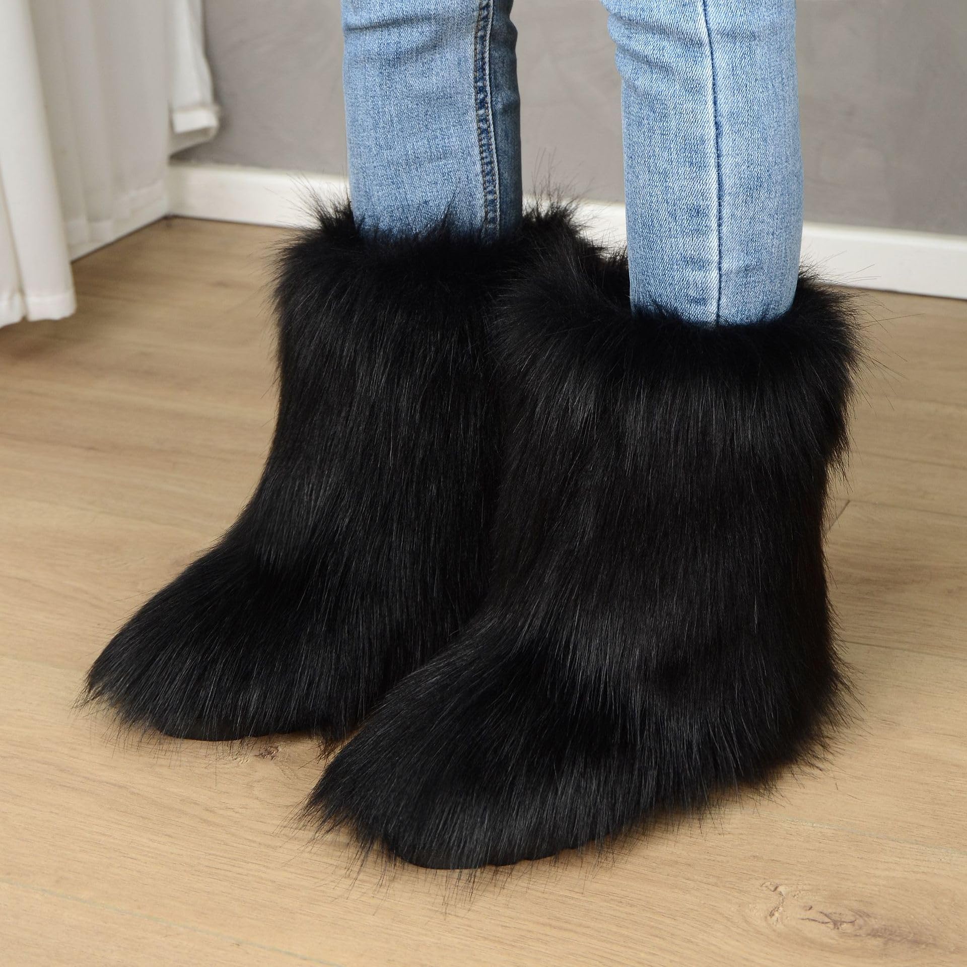 Mujer Linda Fluffy Botas Caliente Invierno Botas de Nieve with Faux Raccoon Piel Zapatos Outdoor