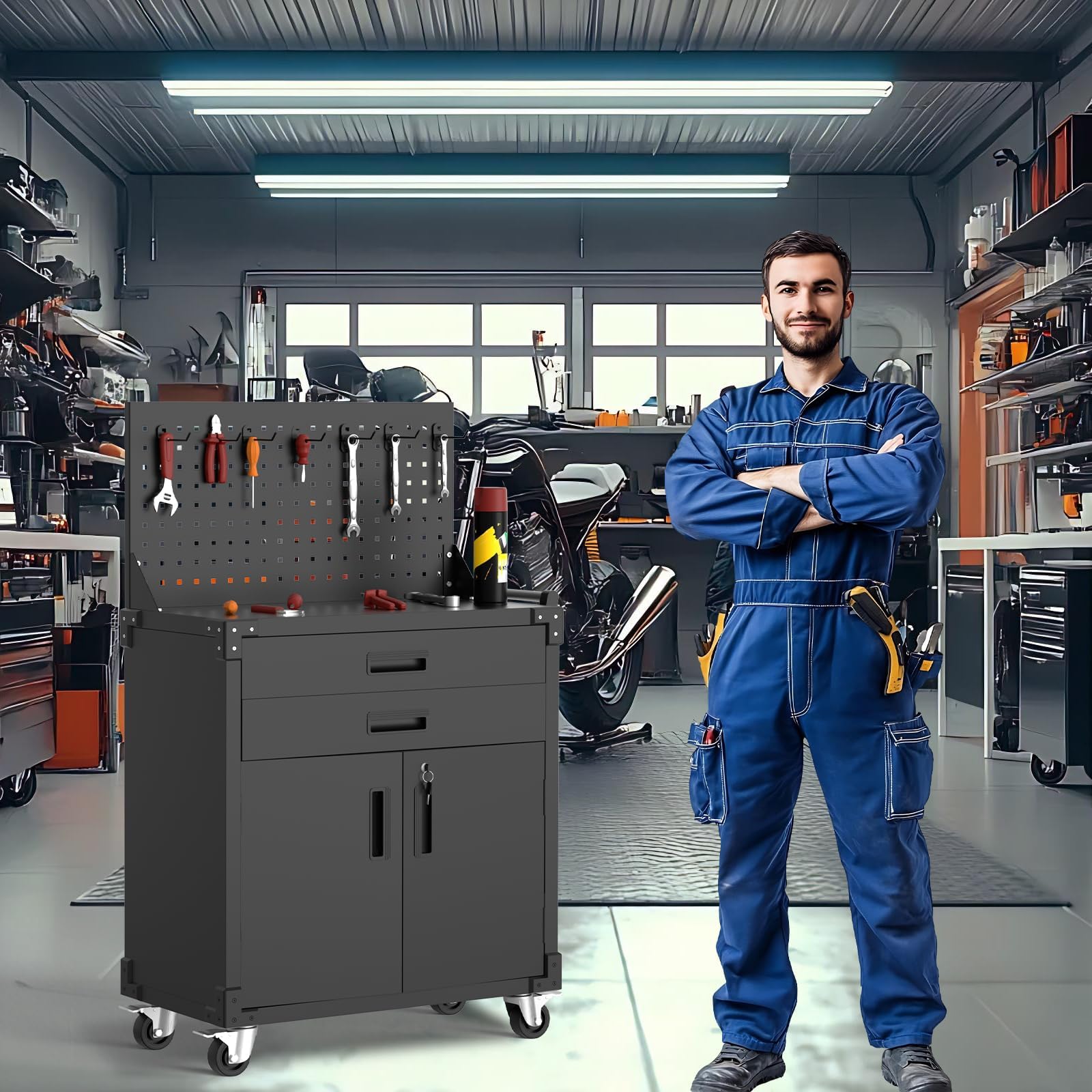 Armadietto Garage Mobile da Officina, Armadio Ufficio, 2 Cassetti Scaffali In Metallo, Pegboard, Ruote Robuste, Armadio Salvaspazio per Garage, Magazzino O Laboratorio, 80 X 42 X 90 cm
