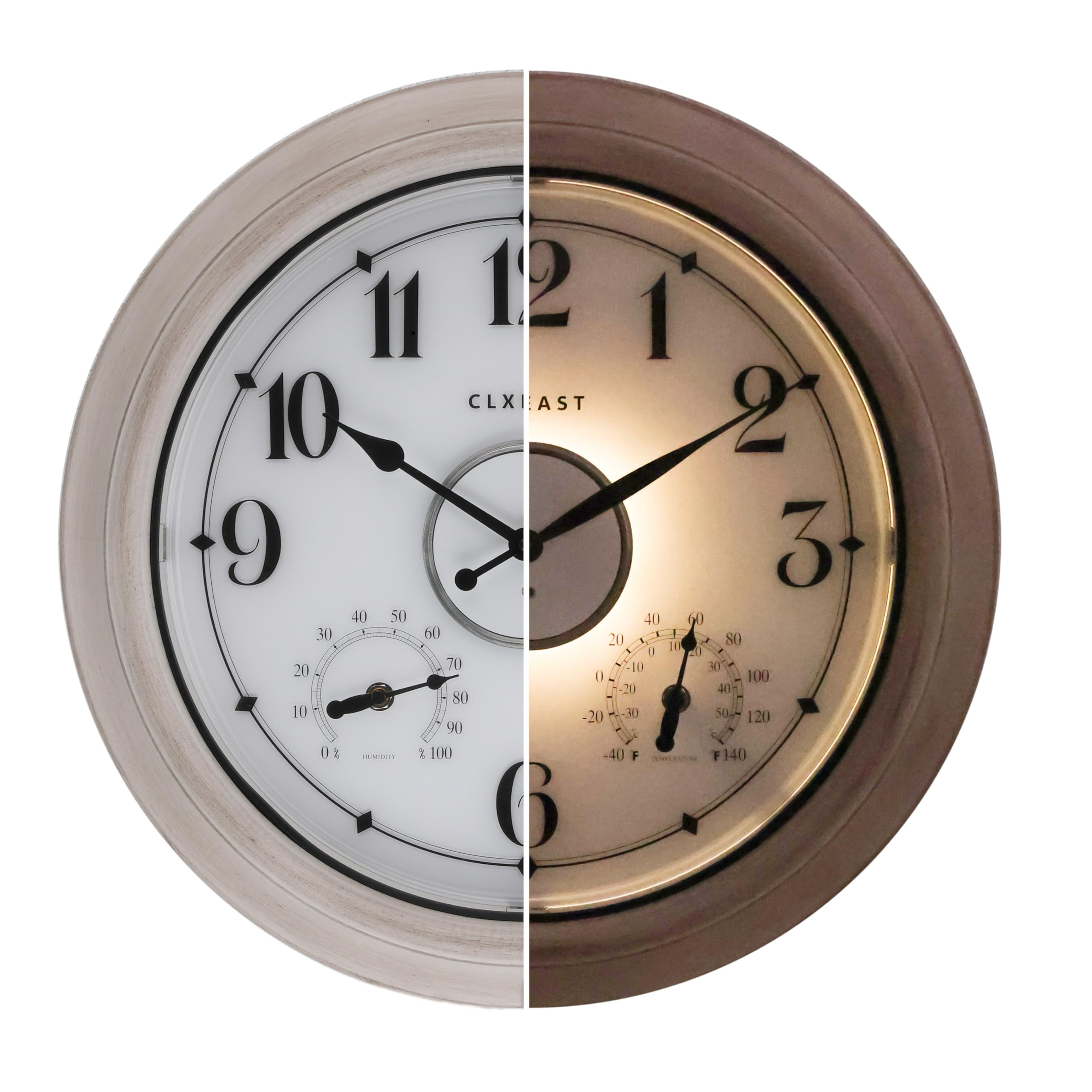 Illuminated Outdoor Clock 18 inch,Lighted Wall Clock with Smart Sensor,Large Farmhouse Wall Clock with Temperature & Humidity for Patio, Lawn & Garden Decor,Weathered White Finish