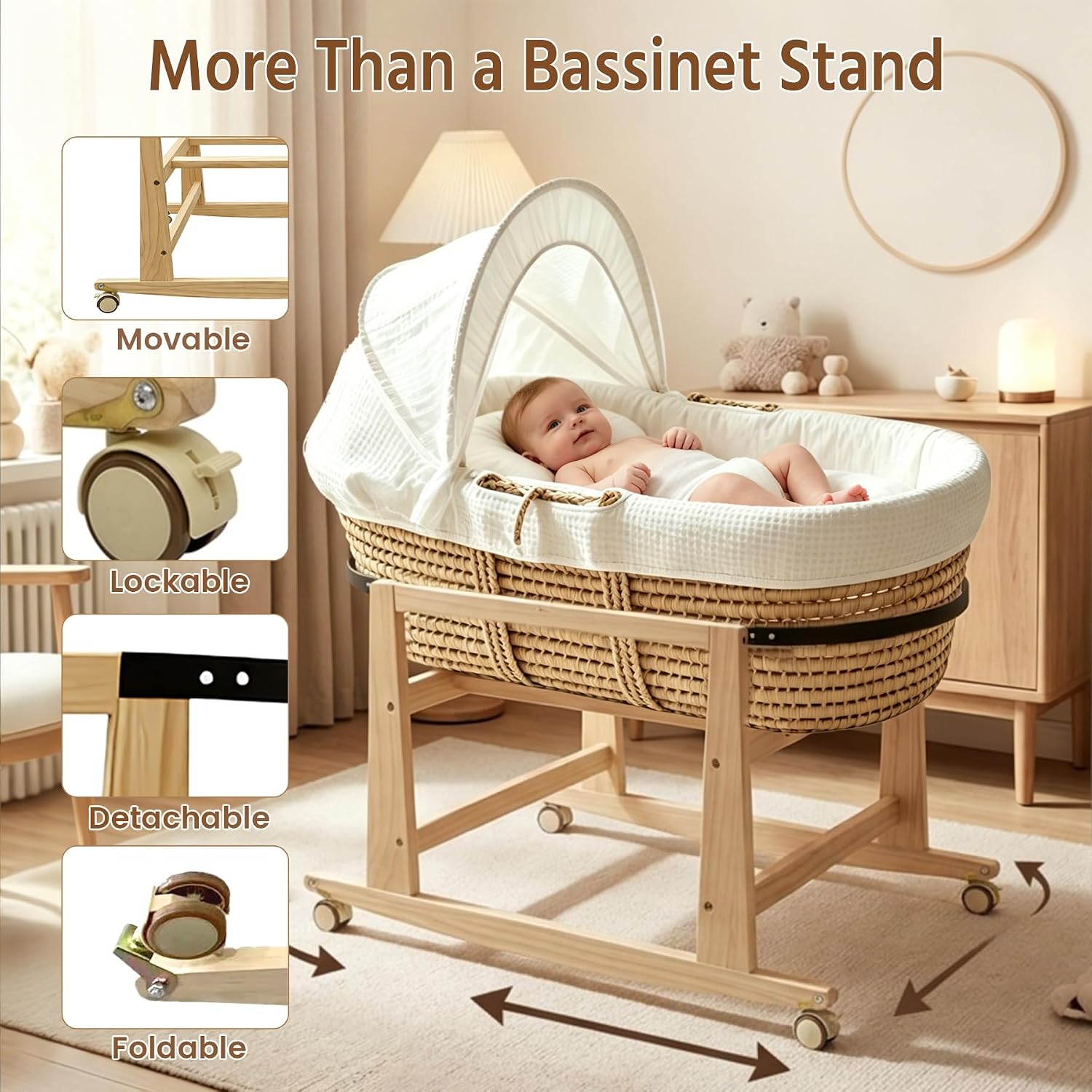 Wooden Bassinet Stand with Foldable Wheels and Change Mat, Rocking Moses Basket Stand for Baby Bassinets, Baby Basket Stand with Waterproof Diaper Changing Pad