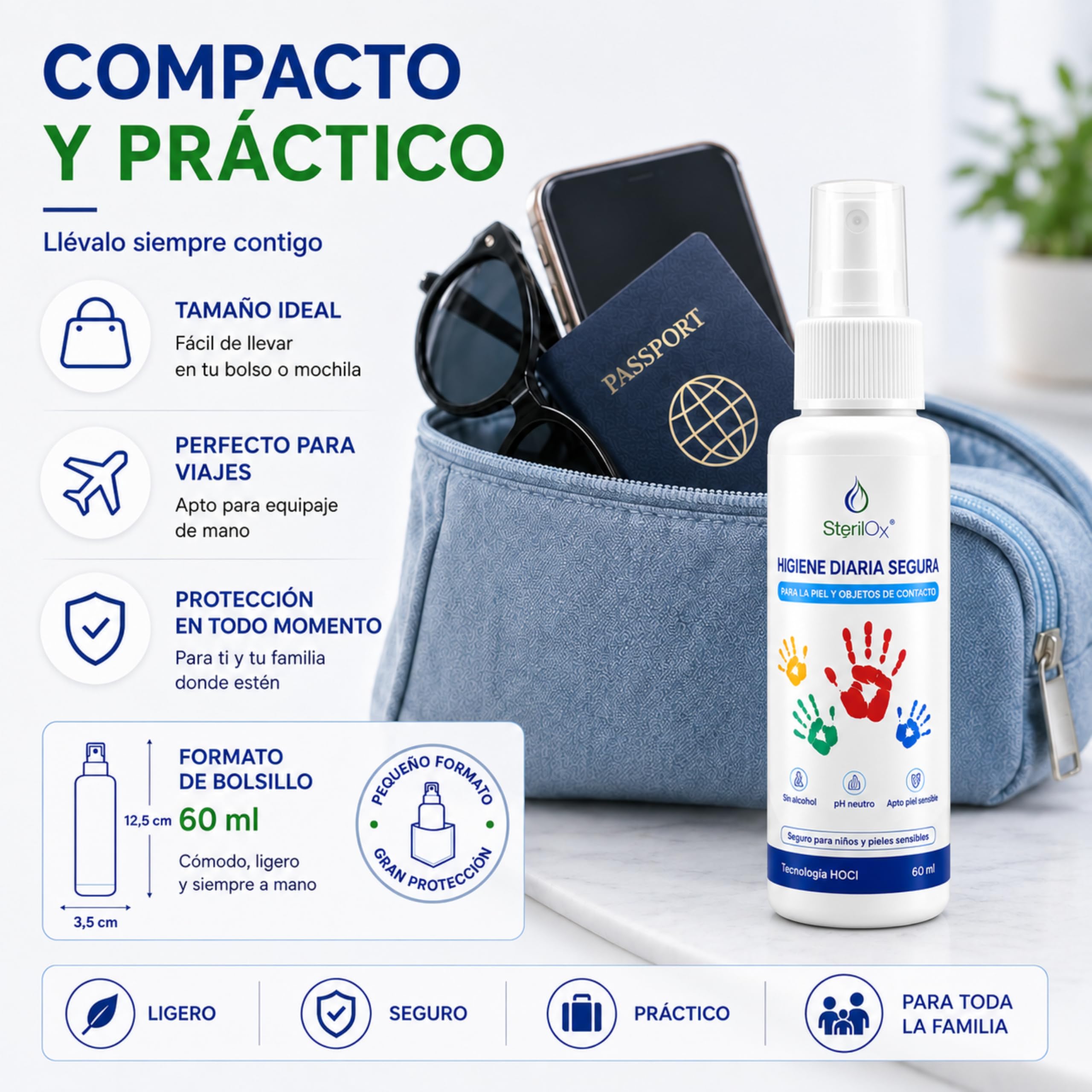 60 ml - spray cosmético antiseptico - para manos, juguetes, platos, objetos/seguro para niños y mascotas/sin alcohol/sin perfume/con ácido hipocloroso (HOCl)
