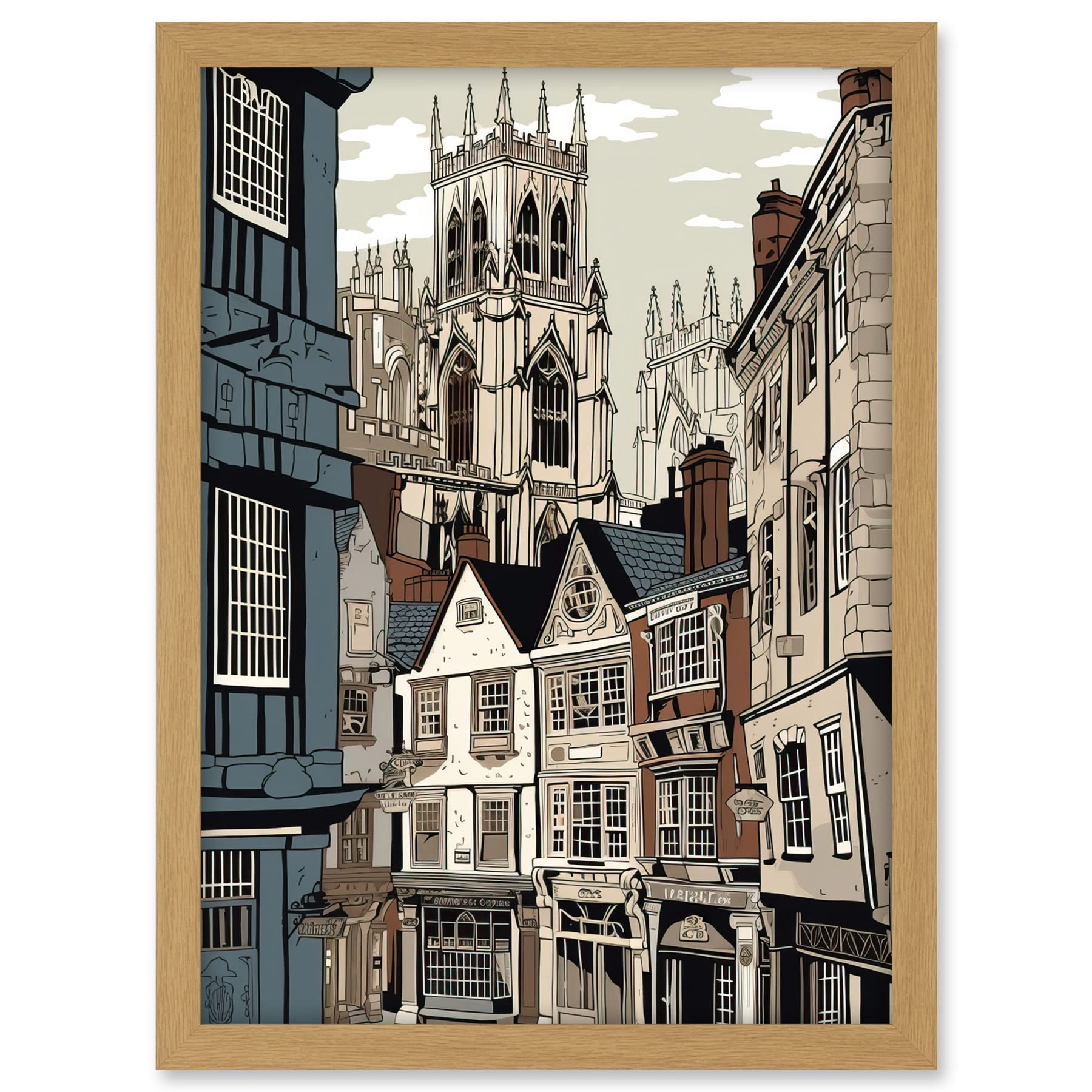 Artery8 Shambles Street Cityscape with York Minster Towers Artwork Framed A3 Wall Art Print
