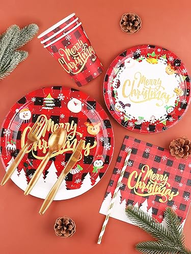 Miniatura 3 de Kalolary Juego de vajilla desechable de 195 piezas para fiesta de Navidad, incluye platos de Navidad, servilletas, tazas, pajitas, cuchillos,