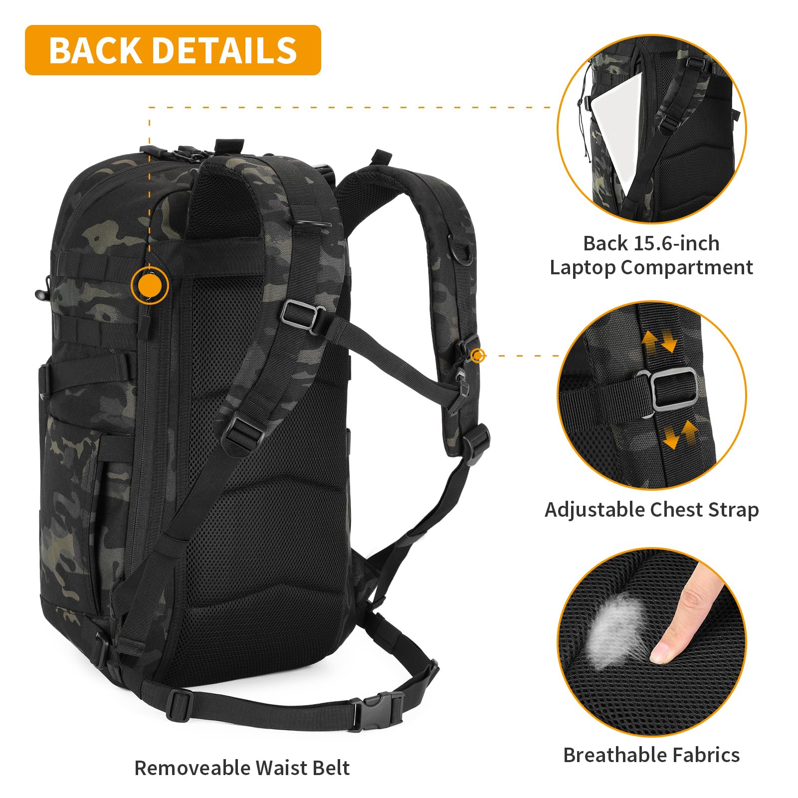 HUNTVP Wojskowy plecak taktyczny 35 l dla mężczyzn i kobiet, Molle plecak turystyczny z kieszenią na laptopa 43.9 cm i uchwytem na butelkę, wojskowa torba na owady, plecak na co dzień, na kemping