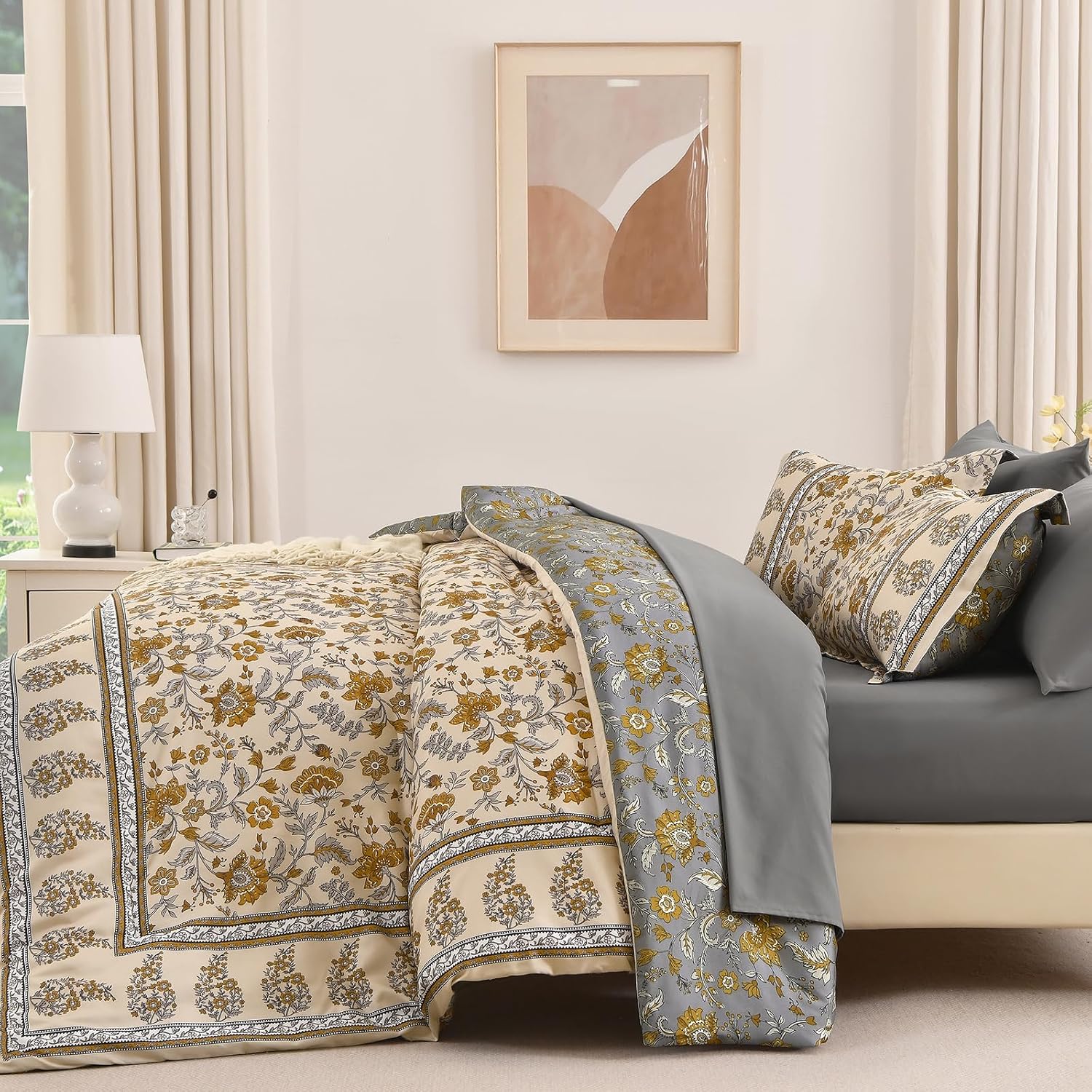 Dinjoy Comforter Set King Size Boho, Reversible Beige Bedding Paisley Floral 7 Piece Bed in a Bag Soft Lightweight Bohemain Comforters with Sheet Sets for All Season