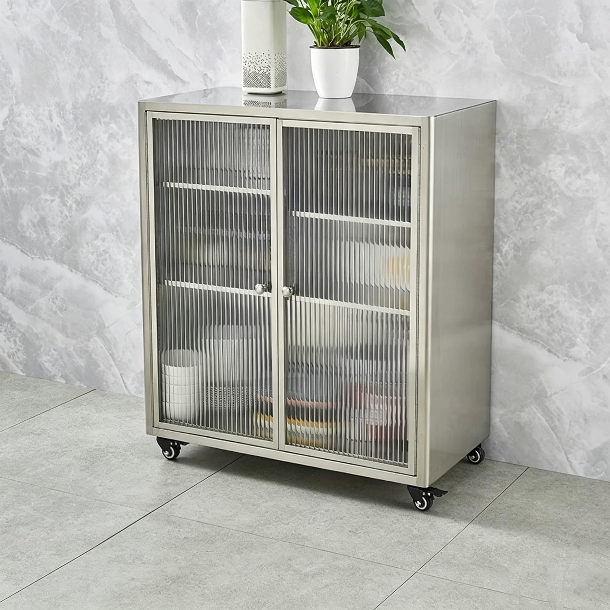 KIBONCY 304 Stainless Steel Freestanding Storage Cabinet, Multipurpose Buffet Sideboard Cupboard, Waterproof Organizer for Kitchen Dishware, Bathroom, Balcony & Pantry Storage(C90*82)