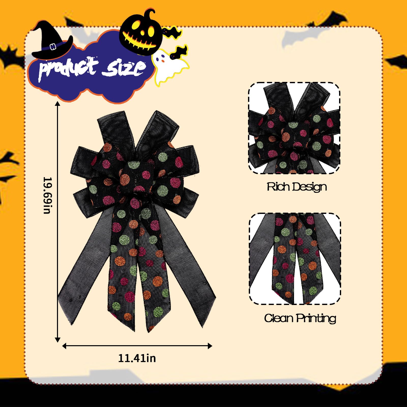 HIENAJ Large Halloween Wreath Bows - Black Polka Dot Bows for Wreaths, Tree Toppers, Indoor/Outdoor Decoration