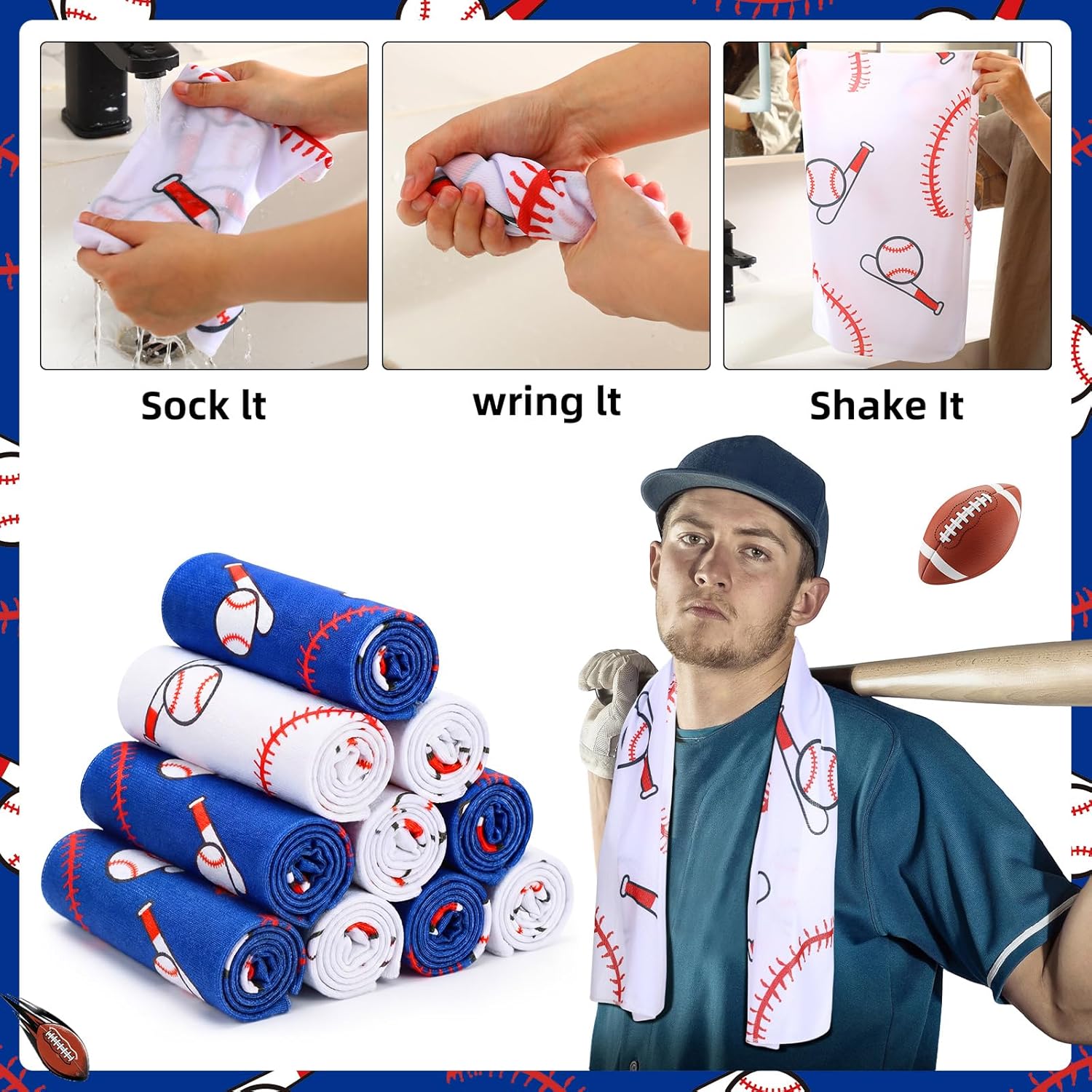 Reallnaive 18 Pcs Softball Cooling Towel Bulk 40 x 12 Inch Baseball Cooling Towel Sports Baseball Party Favor Softball Gifts for Team Ice Towels for Neck Face Quick Dry Breathable (White+Blue)