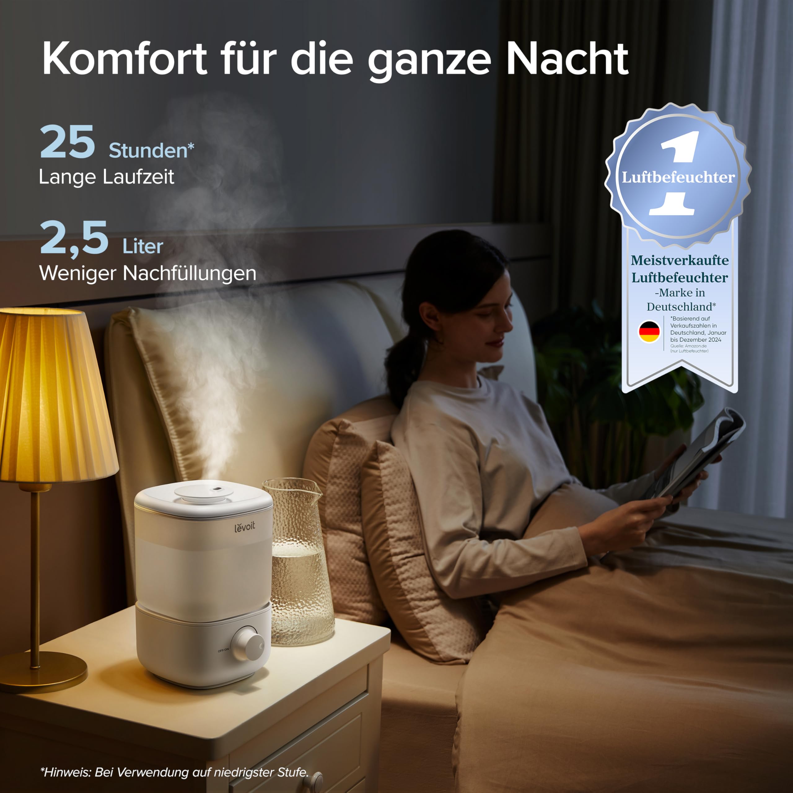 Levoit Luftbefeuchter 2,5 L, 23dB leise, Top-Fill, bis 25H, 360° Drehdüse, Auto Shut-off, Weiß