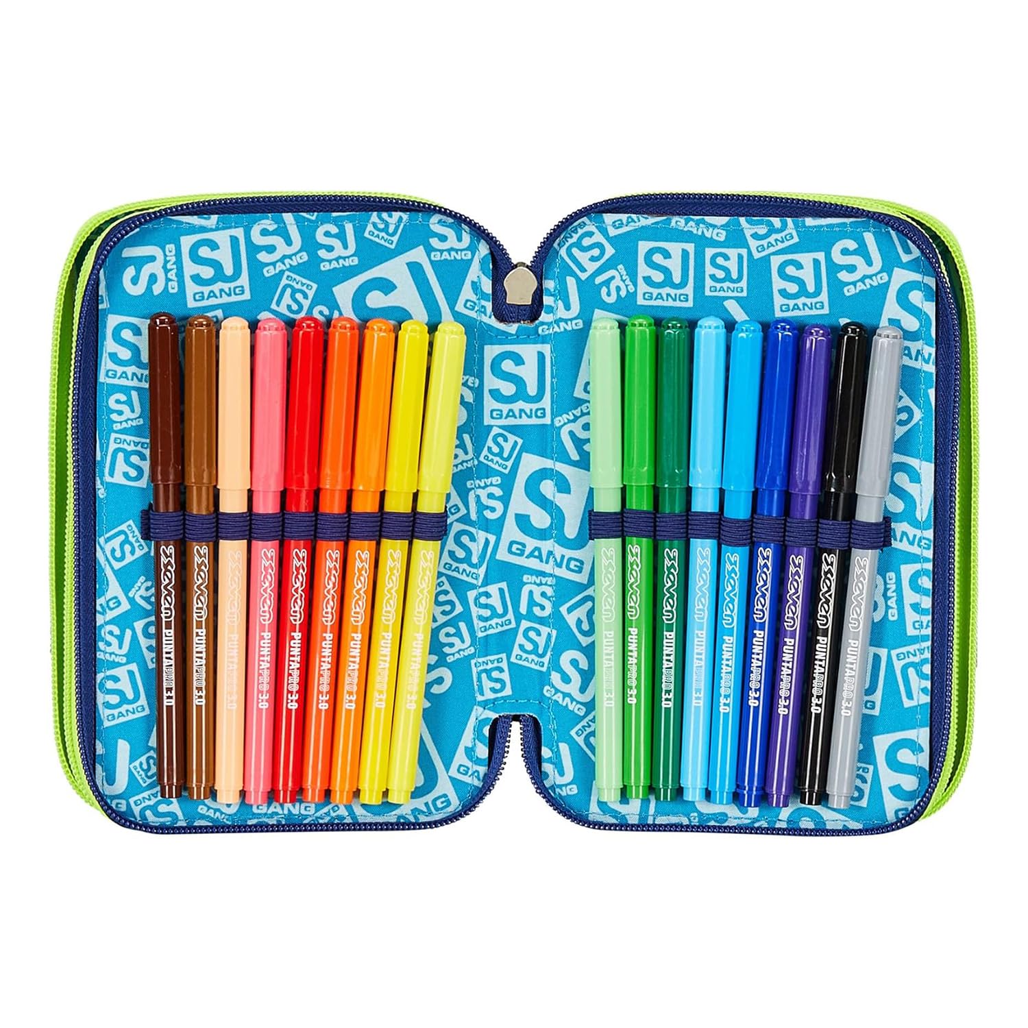 SJ GANG STYLE JAM GANG Astuccio Scuola 3 Zip, Blu, SharkStory, Portapenne Triplo Scomparto Completo Di Penne, Matite, Colori, Accessori Zaino, Elementari, Medie, Bambino
