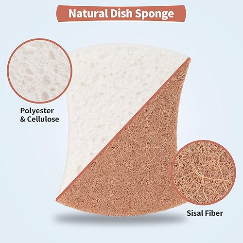 Miniatura 2 de Esponja natural para platos, 24 unidades, esponja exfoliante antiarañazos, esponja de celulosa de cocina multiusos ecológica, esponja de doble cara