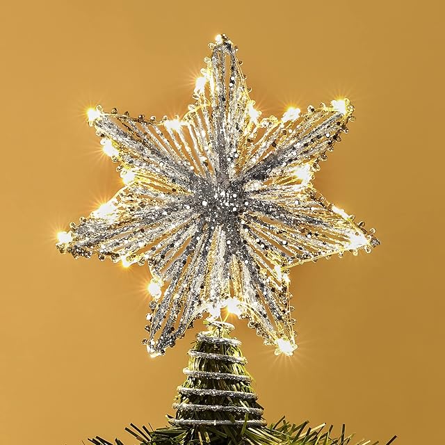 Roylvan Star Tree Topper, Glittered 3D Christmas Star Treetop Light, Battery Powered Decorative Light Heptagon-Shaped Xmas Tradition Tree Ornament for Home Decor, 7.8 x 9.8 inch, Silver